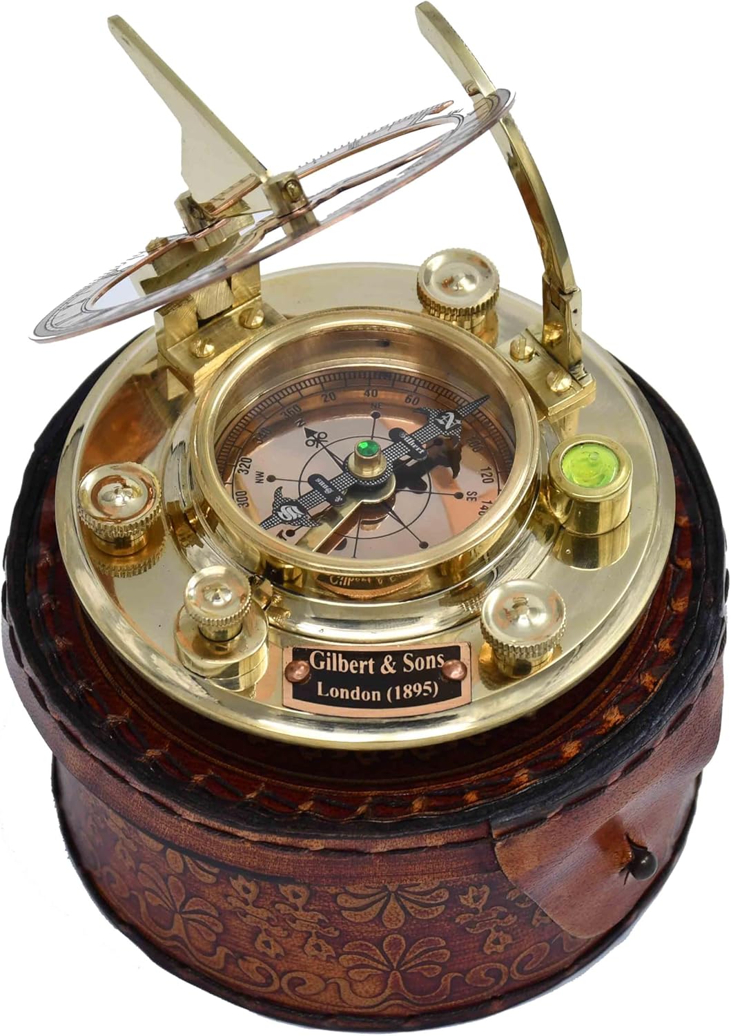 Personalized Engraved Antique Brass & Copper Sundial Compass, Sundial Clock in Leather Box Gift Sun Clock Ship Replica Watch