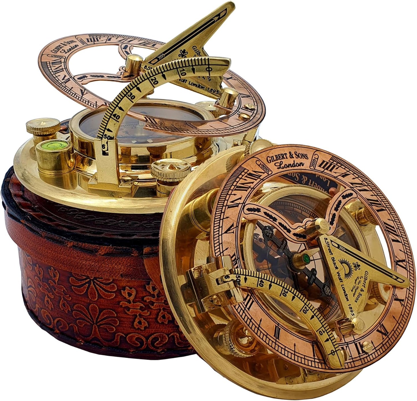 Personalized Engraved Antique Brass & Copper Sundial Compass, Sundial Clock in Leather Box Gift Sun Clock Ship Replica Watch