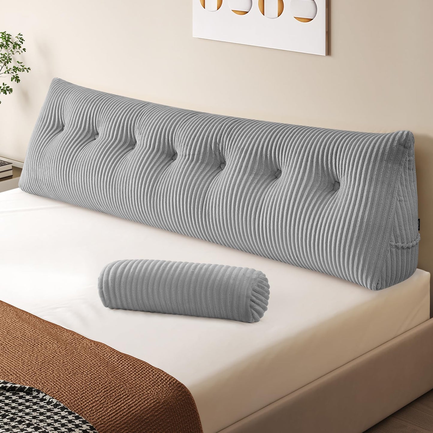 Z-hom Large Wedge Pillow Headboard, King Triangular Headboard Pillow, Reading Pillow Bed with a Roll Pillow for Bed Sitting Up Sleeping, Backrest Cushion Headboard Gap Pillow for Back,Beige