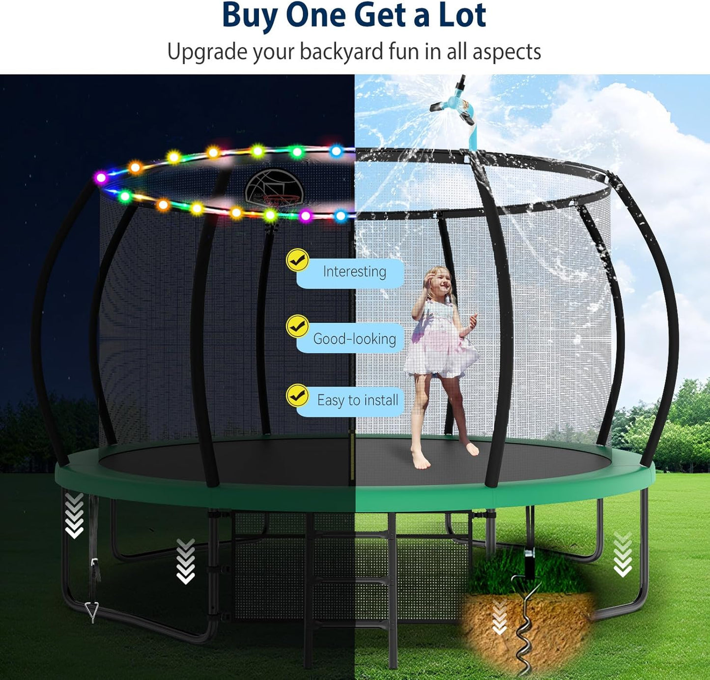 Tatub Trampoline Accessories Kit, Fits 8-16FT Trampoline Sprinkler/50FT Lights/Stakes, Heavy Duty Anchor Kit, Net Friendly Sprinkler, Outdoor Waterproof Lights, 3 in 1