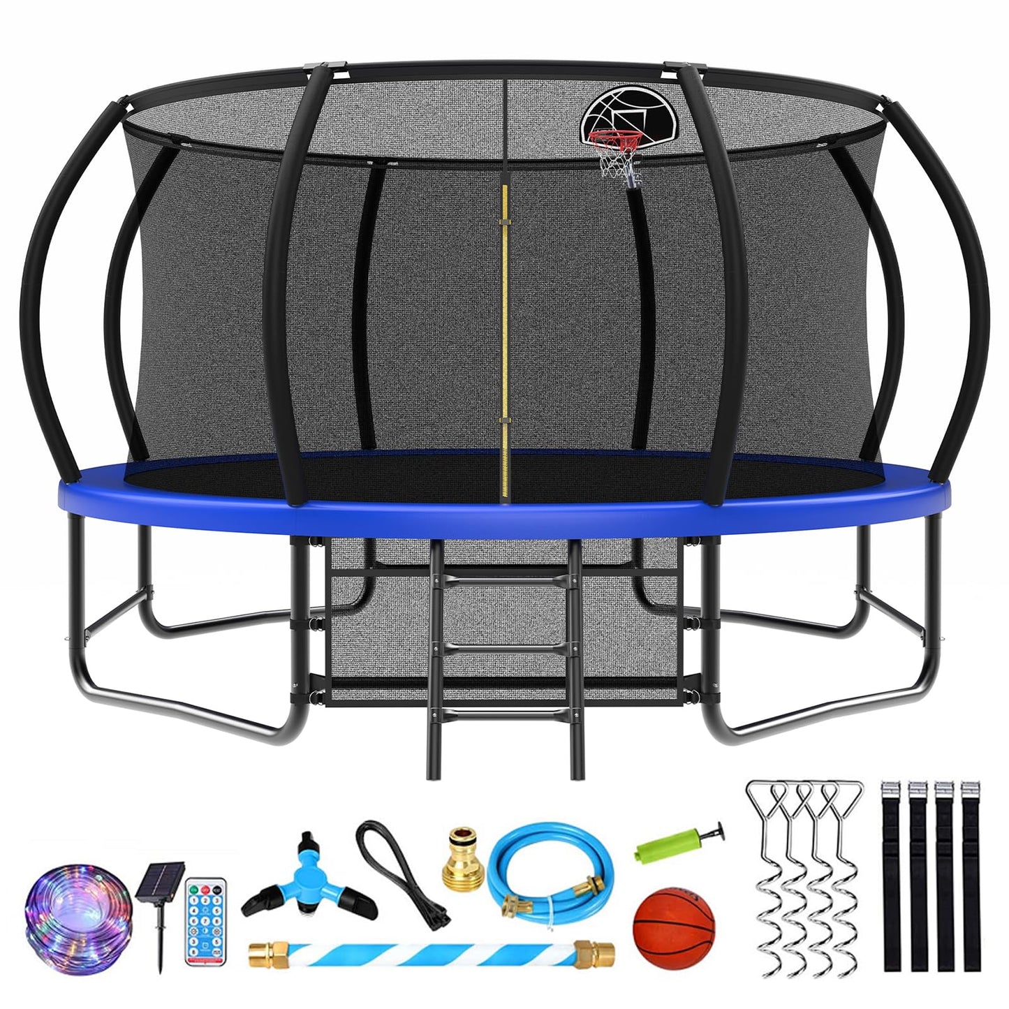 Large Outdoor Trampoline with Basketball Hoop, 10-16FT with Lights for Kids and Adults, Recreational Trampoline with Sprinkler and Stakes