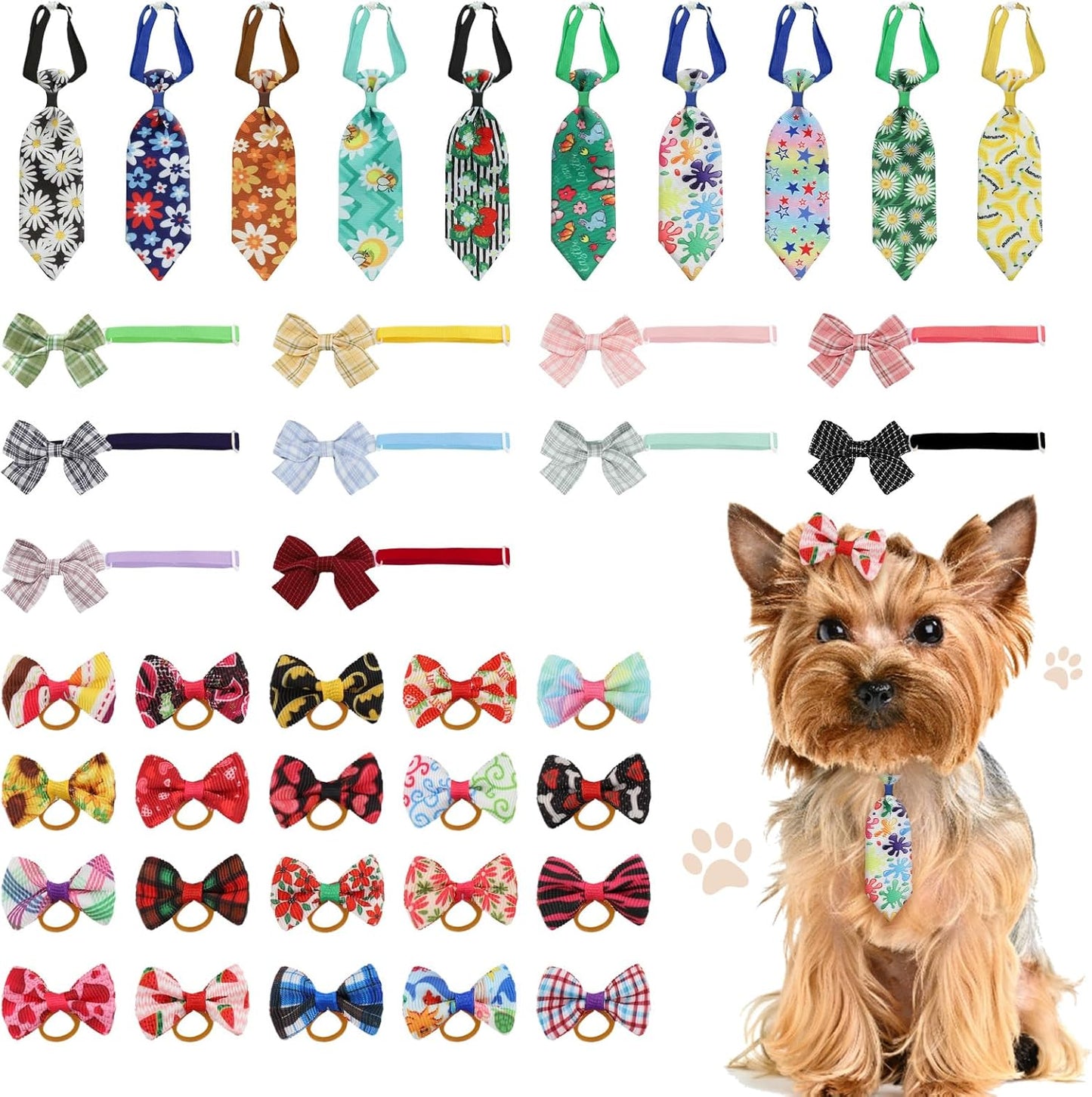 60 Pieces Dog Bow Tie Collars Dog Hair Bows Set Include 40 Small Dogs Hair Bows 10 Puppy Bowties 10 Collars Bow Adjustable Pet Ties Neck Grooming for Small Medium Pets Cats Accessories Supply