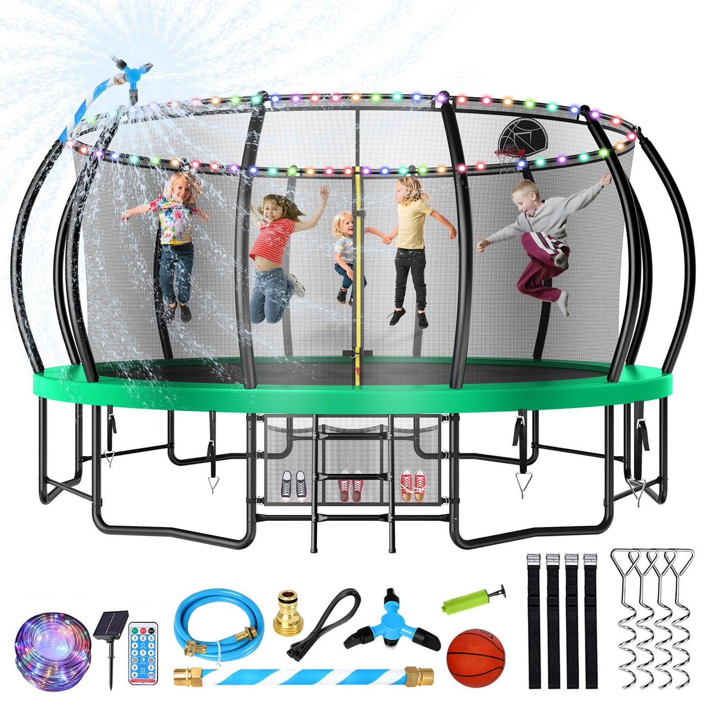 Large Outdoor Trampoline with Basketball Hoop, 10-16FT with Lights for Kids and Adults, Recreational Trampoline with Sprinkler and Stakes