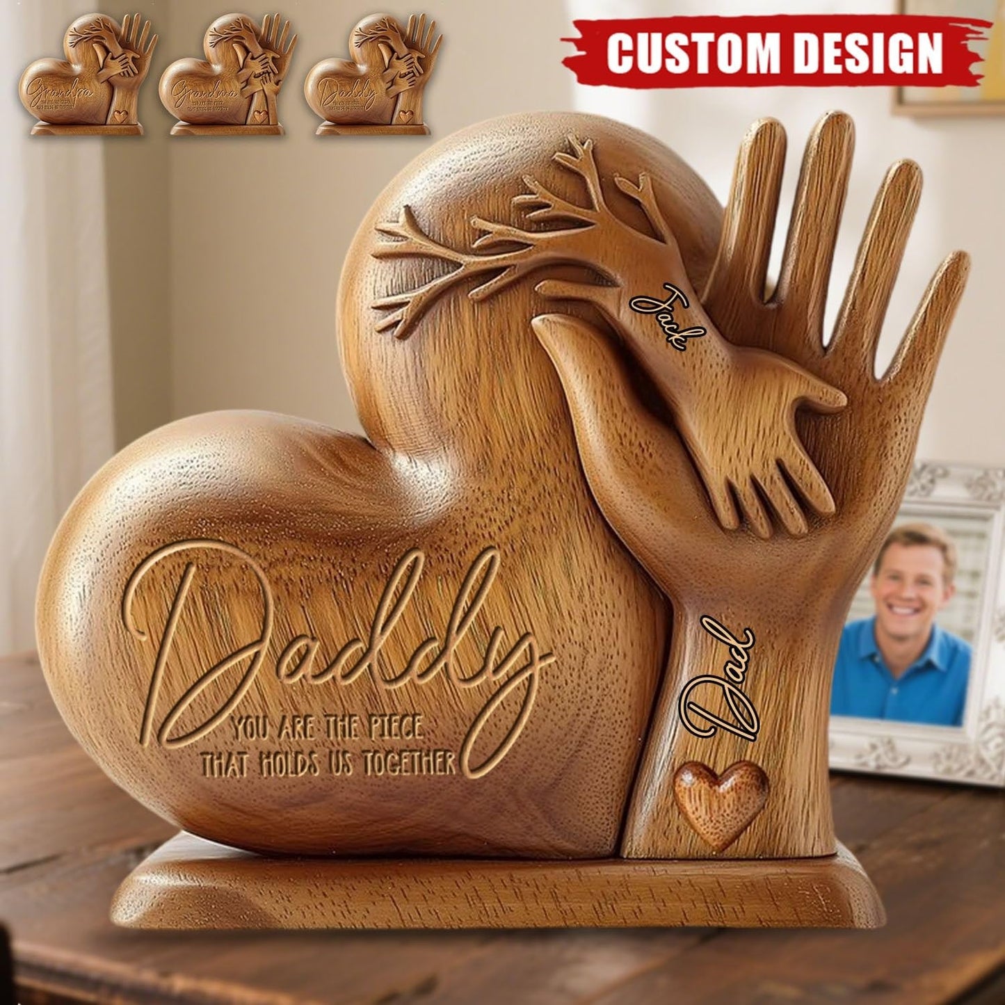 Dad You Are The Piece That Holds Us Together - Personalized Acrylic Plaque, Father's Day Gift Wooden Texture Effect Heart Shaped Father’s Day Sign Table Decor Personalized Fathers Day Plaque Gifts