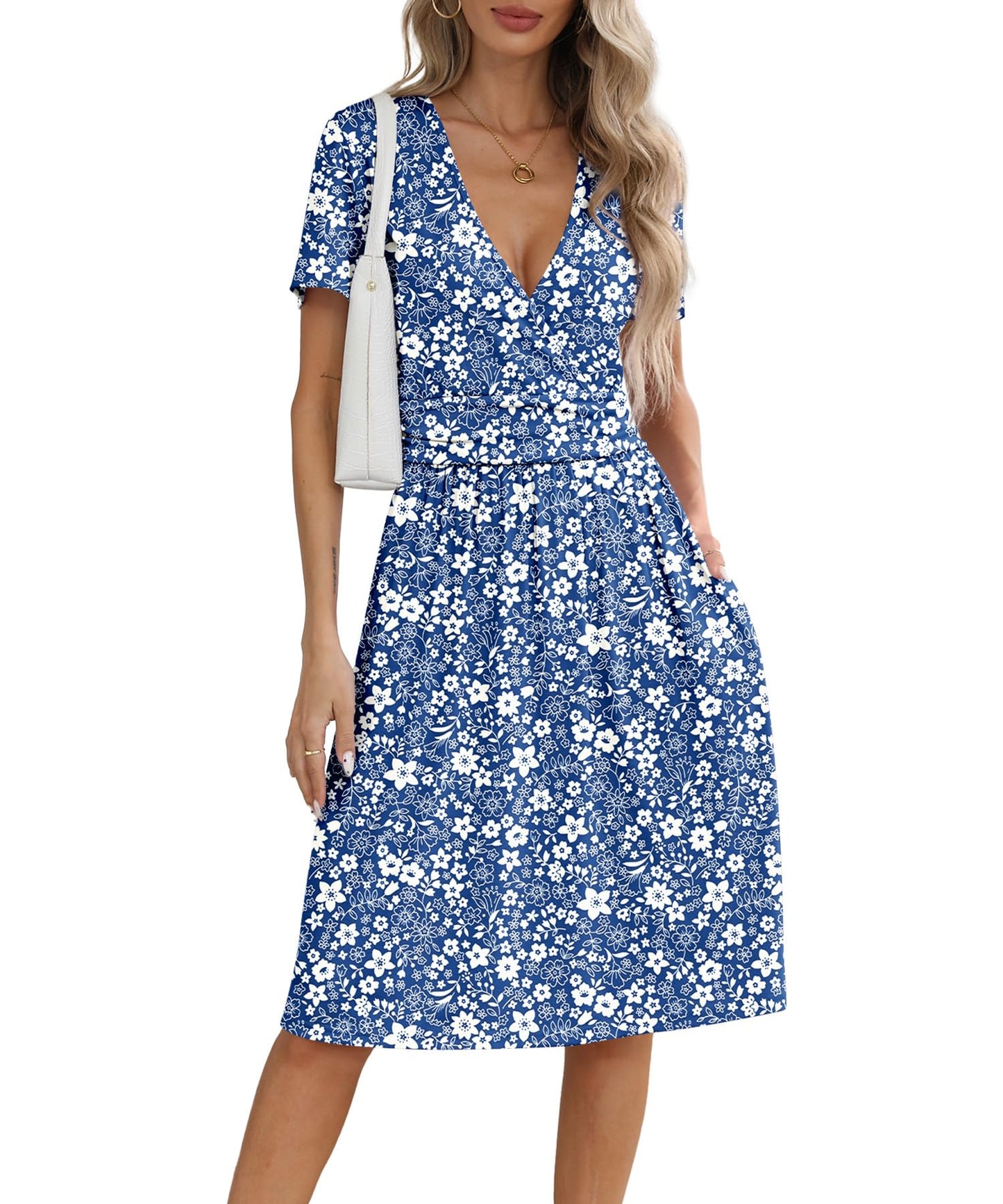 NILOUFO Women's Summer Casual Dress Short Sleeve Wrap V Neck Midi Dresses with Pockets