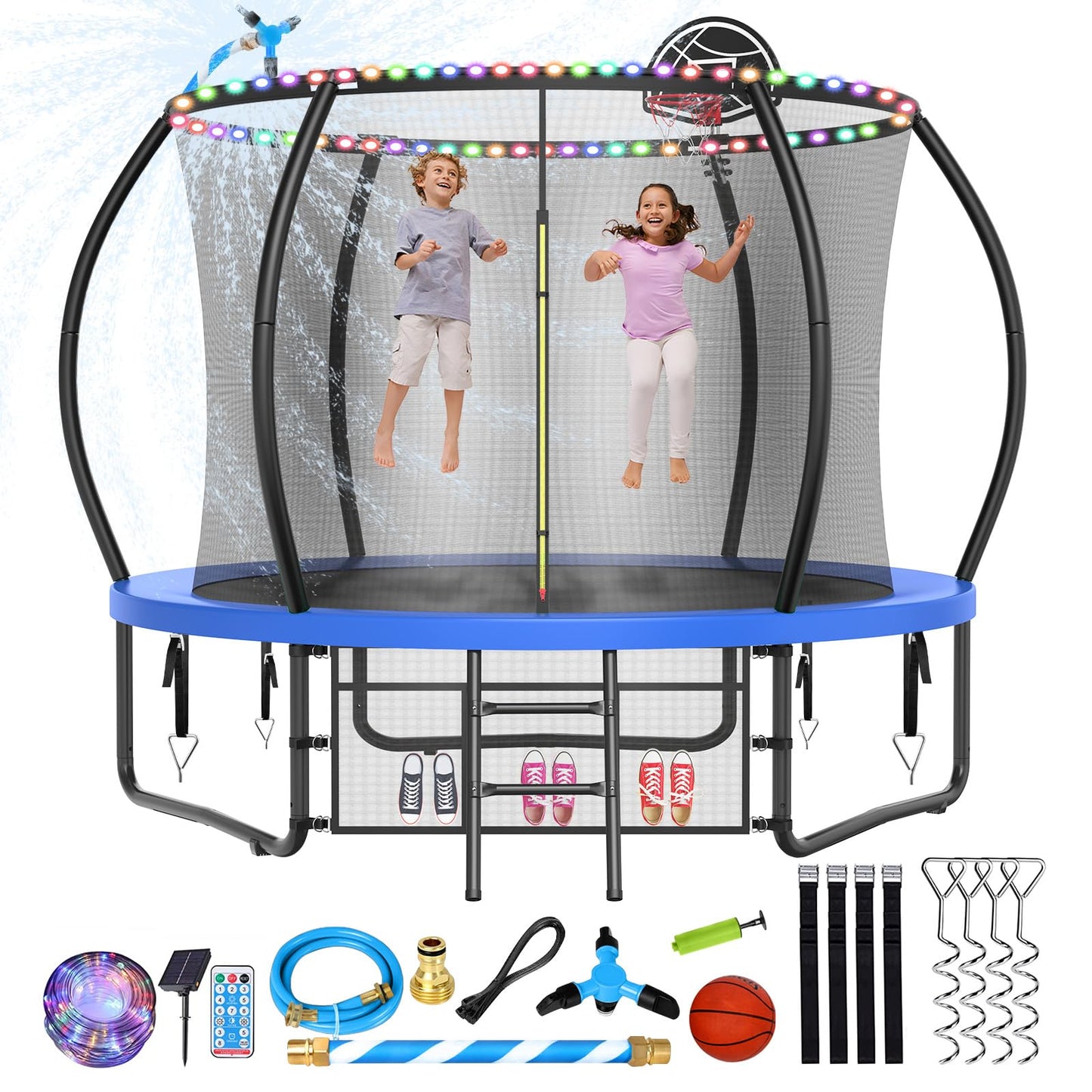 Large Outdoor Trampoline with Basketball Hoop, 10-16FT with Lights for Kids and Adults, Recreational Trampoline with Sprinkler and Stakes