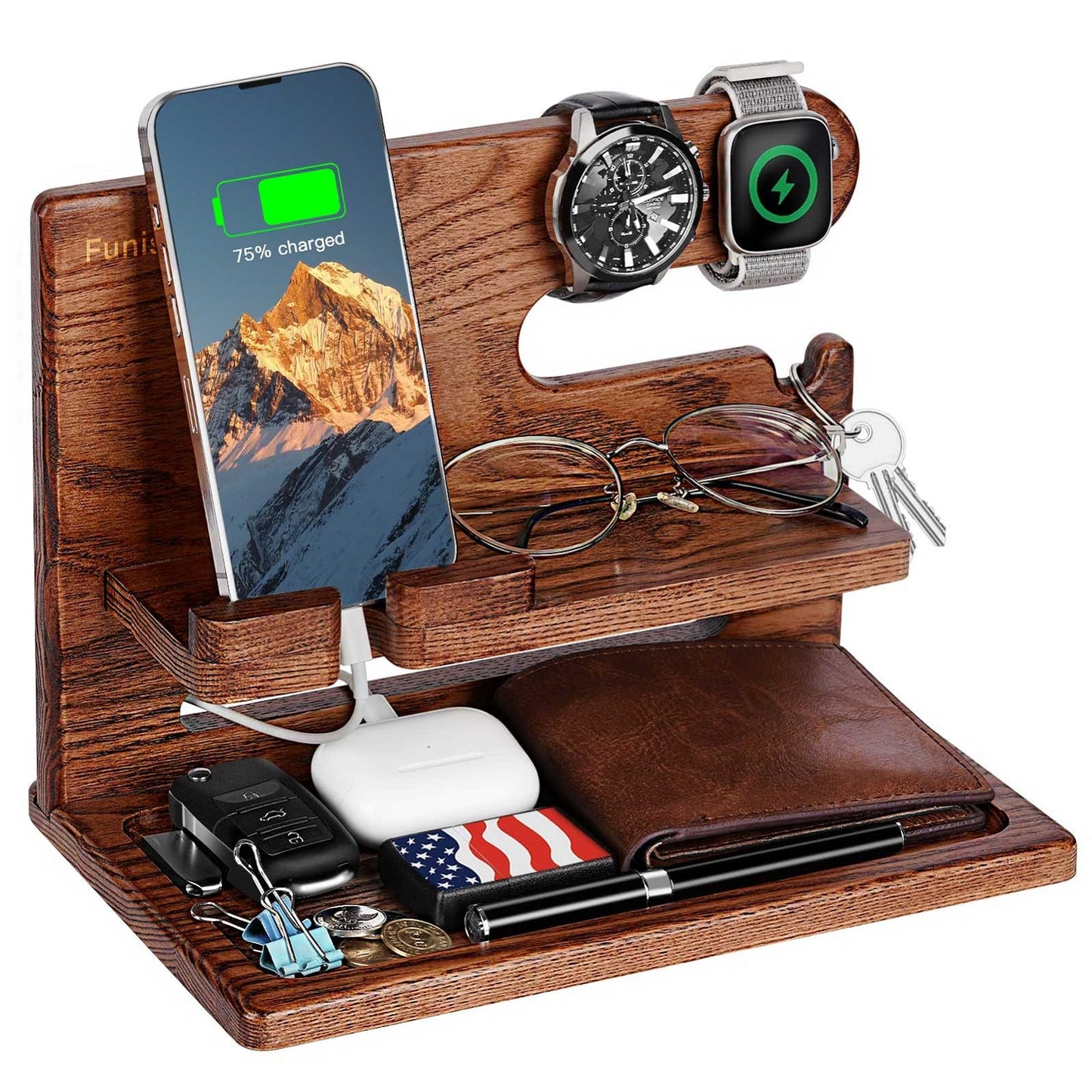 Fathers Day Dad Gifts from Daughter Son Wife, Wood Phone Docking Station with Drawer, Birthday Anniversary Men Him Husband Boyfriend Gifts from Girlfriend, Mens Nightstand Organizer Presents Ideas
