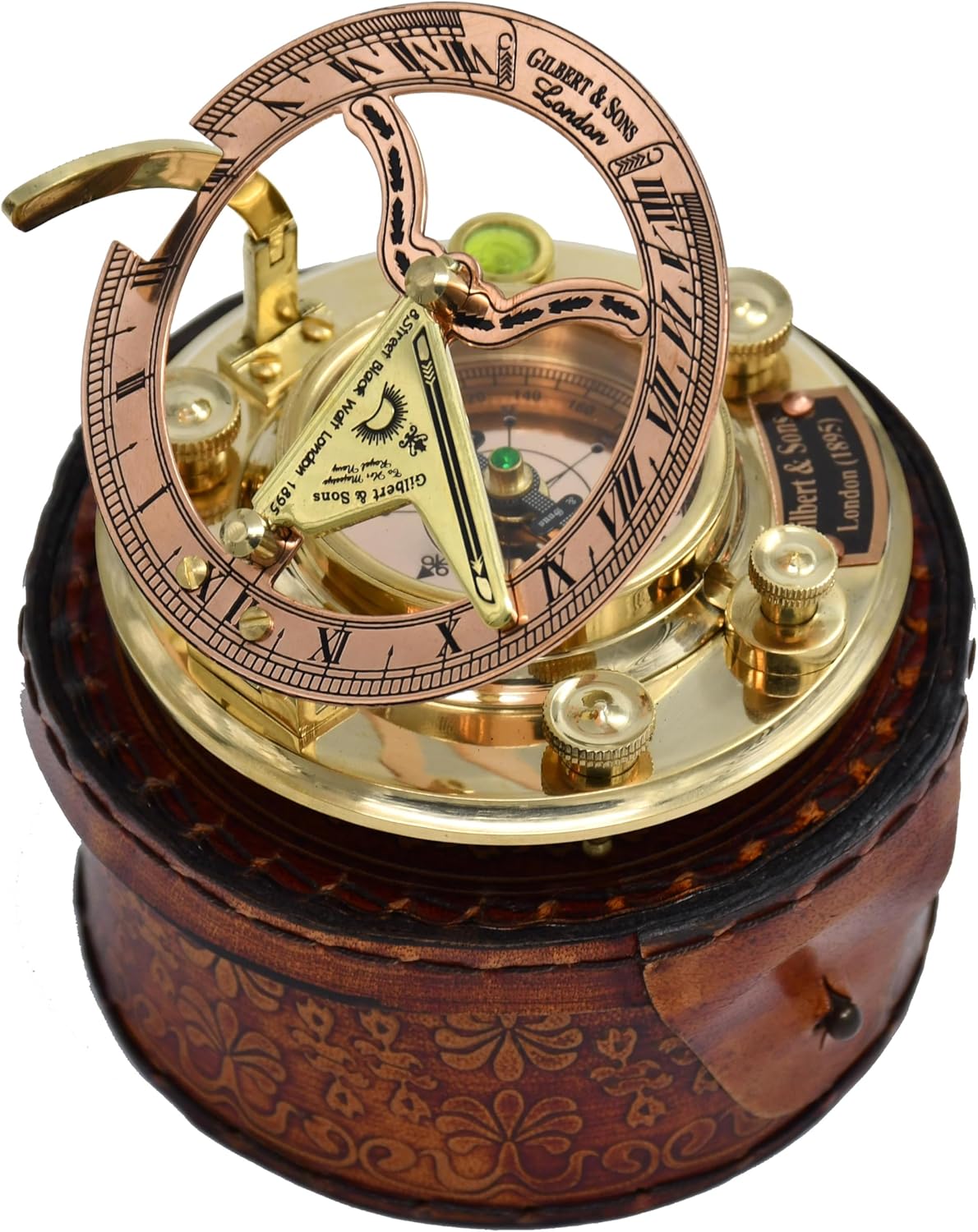Personalized Engraved Antique Brass & Copper Sundial Compass, Sundial Clock in Leather Box Gift Sun Clock Ship Replica Watch