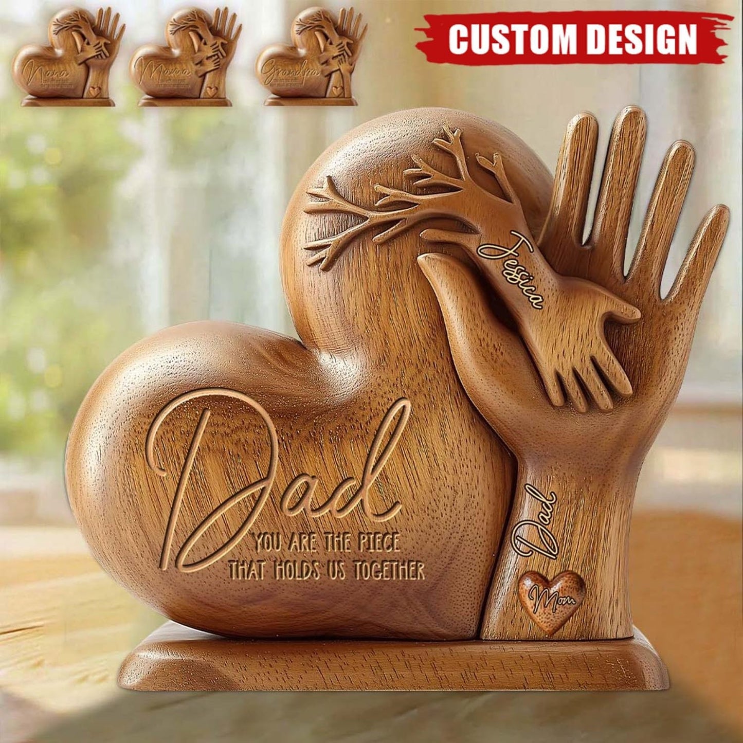 Dad You Are The Piece That Holds Us Together - Personalized Acrylic Plaque, Father's Day Gift Wooden Texture Effect Heart Shaped Father’s Day Sign Table Decor Personalized Fathers Day Plaque Gifts