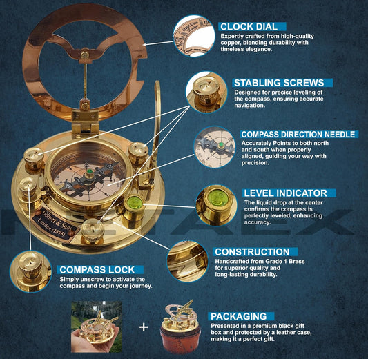 Personalized Engraved Antique Brass & Copper Sundial Compass, Sundial Clock in Leather Box Gift Sun Clock Ship Replica Watch