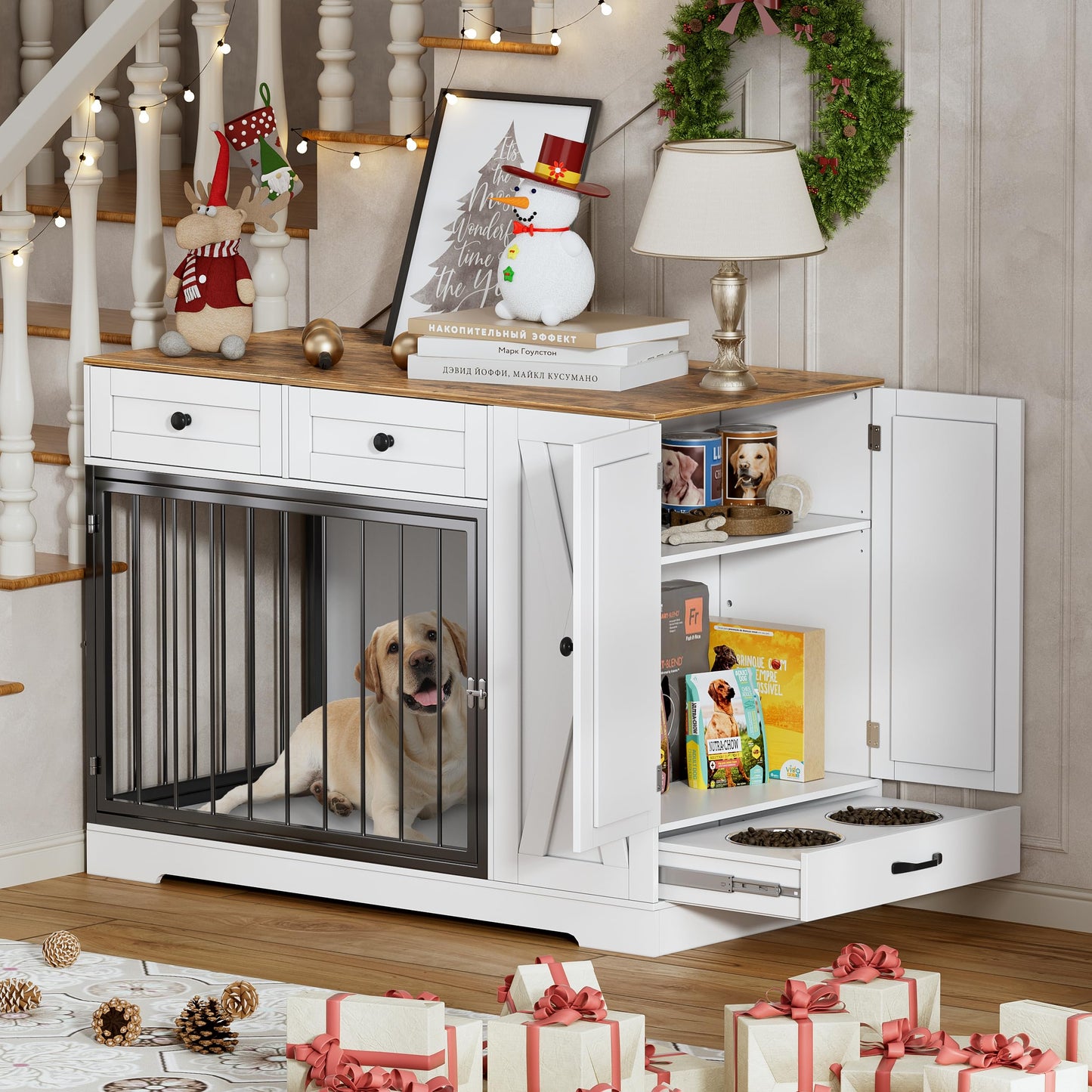 PAKASEPT Dog Crate Furniture, Pet Bunk Bed with Stairs and Storage, Dogs/Cats Window Perch, with Multi-Purpose Blanket and Fluffy Dog Bed for Small Medium Size (55.1L x 28.5" W x 37.4" H)