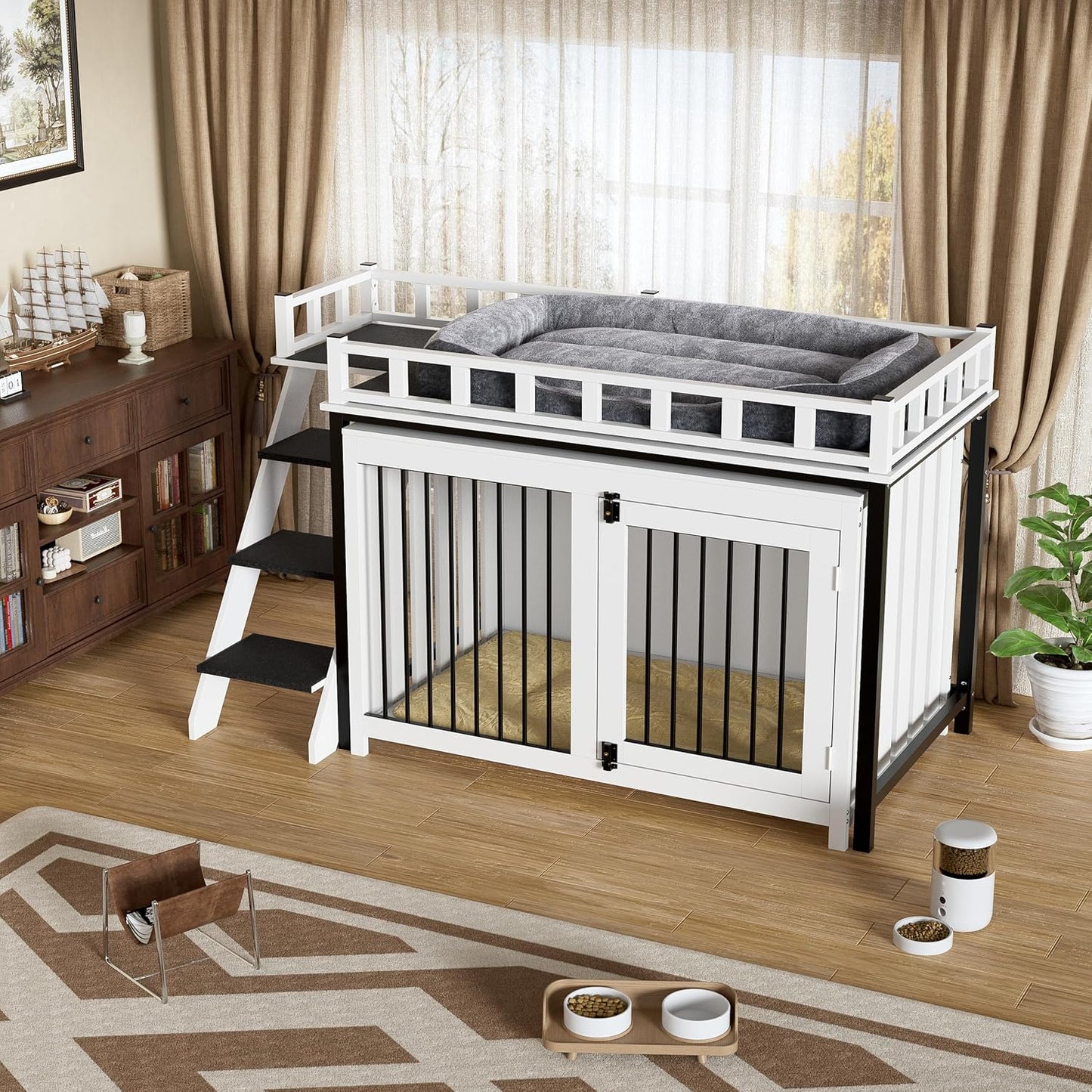 PAKASEPT Dog Crate Furniture, Pet Bunk Bed with Stairs and Storage, Dogs/Cats Window Perch, with Multi-Purpose Blanket and Fluffy Dog Bed for Small Medium Size (55.1L x 28.5" W x 37.4" H)