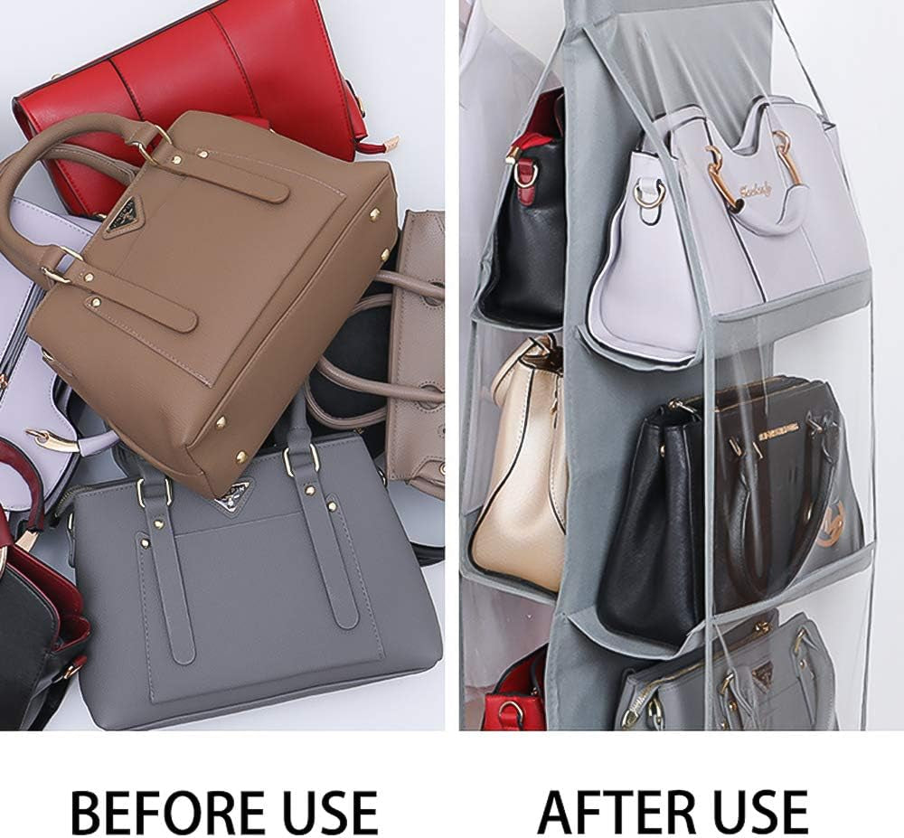 Hanging Purse Handbag Organizer, Clear Dust Cover Space Saver Storage Holder Bag, 6 Pockets Wardrobe Closet Handbags Storage(Gray)