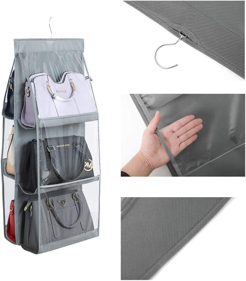 Hanging Purse Handbag Organizer, Clear Dust Cover Space Saver Storage Holder Bag, 6 Pockets Wardrobe Closet Handbags Storage(Gray)
