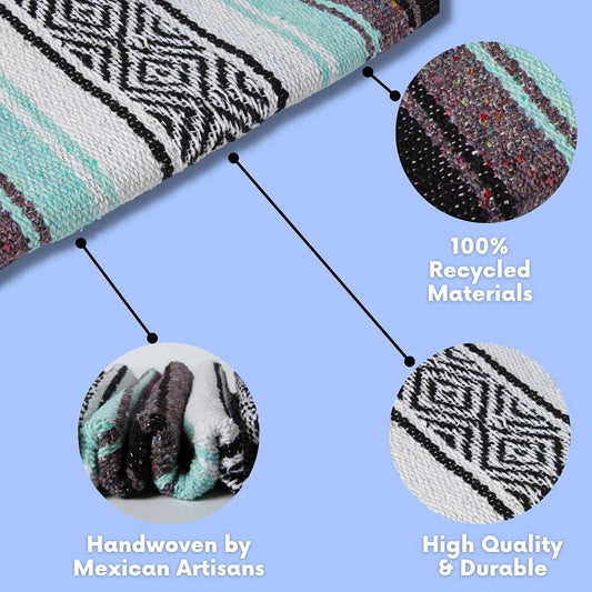 Mexican Yoga Blanket – Colorful Falsa Serape Throw for Yoga, Beach, Picnic, Saddle, or Home Décor – Soft Woven Boho Blanket (Cool Mint & Gray)