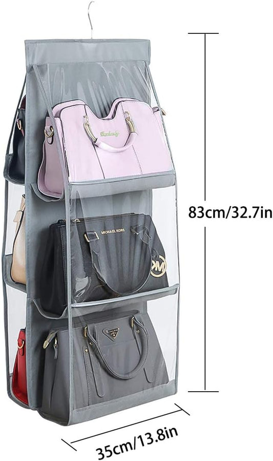 Hanging Purse Handbag Organizer, Clear Dust Cover Space Saver Storage Holder Bag, 6 Pockets Wardrobe Closet Handbags Storage(Gray)