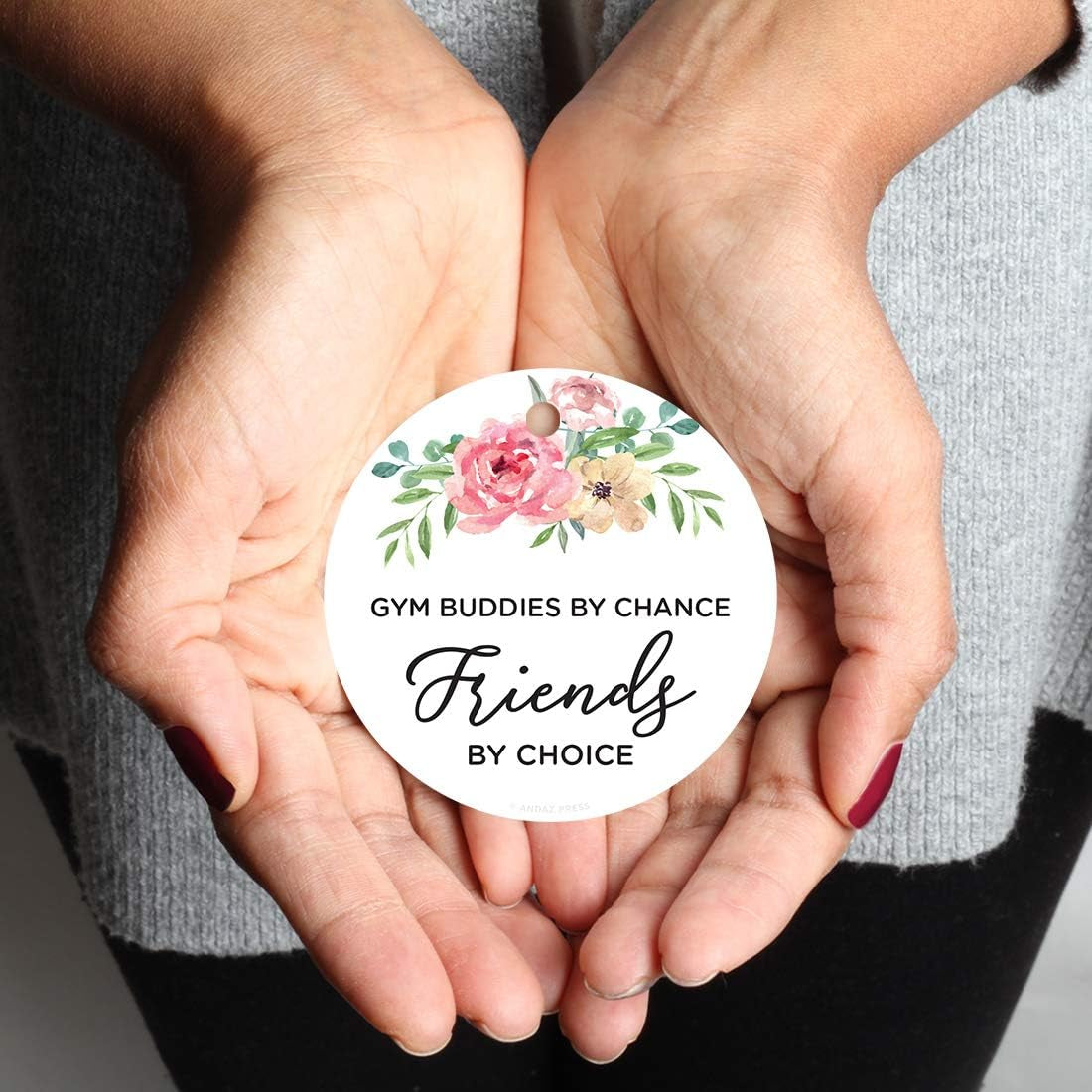 round Metal Christmas Ornament Funny Friendship Gift, Gym Buddies by Chance, Friends by Choice, Floral Graphic, 1-Pack, Includes Ribbon, for Best Friends Gym Buddy Gifts Gym Ornaments