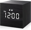 Digital Alarm Clock, with Wooden Electronic LED Time Display, 3 Alarm, 2.5-Inch Cubic Small Mini Wood Made Electric Clocks for Bedroom, Bedside, Desk, Black