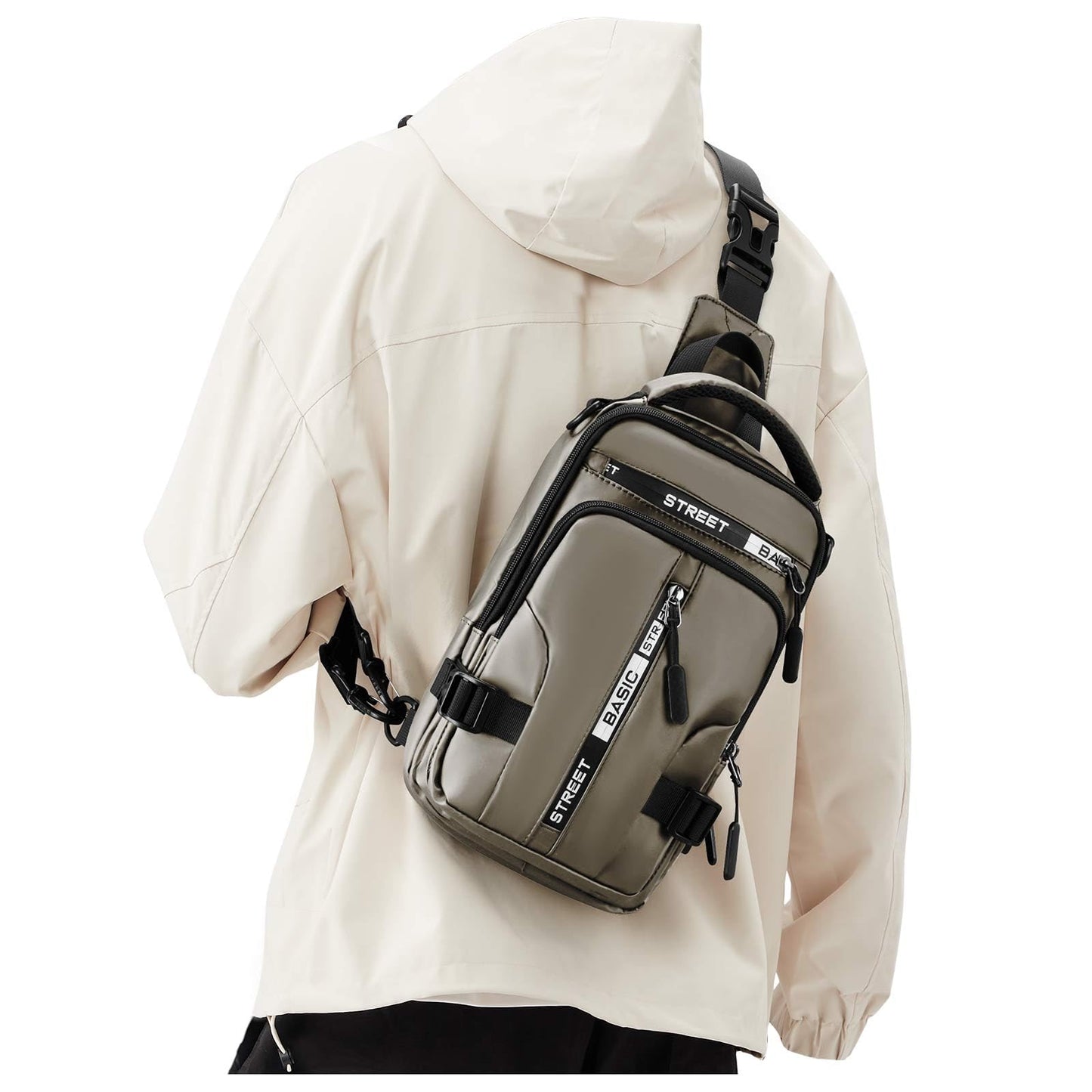 SEAFEW Small Black Sling Crossbody Backpack Shoulder Bag for Men Women, Lightweight One Strap Back Pack Sling Bag Backpack for Hiking Walking Biking Travel Cycling USB Charger Port-Nylon