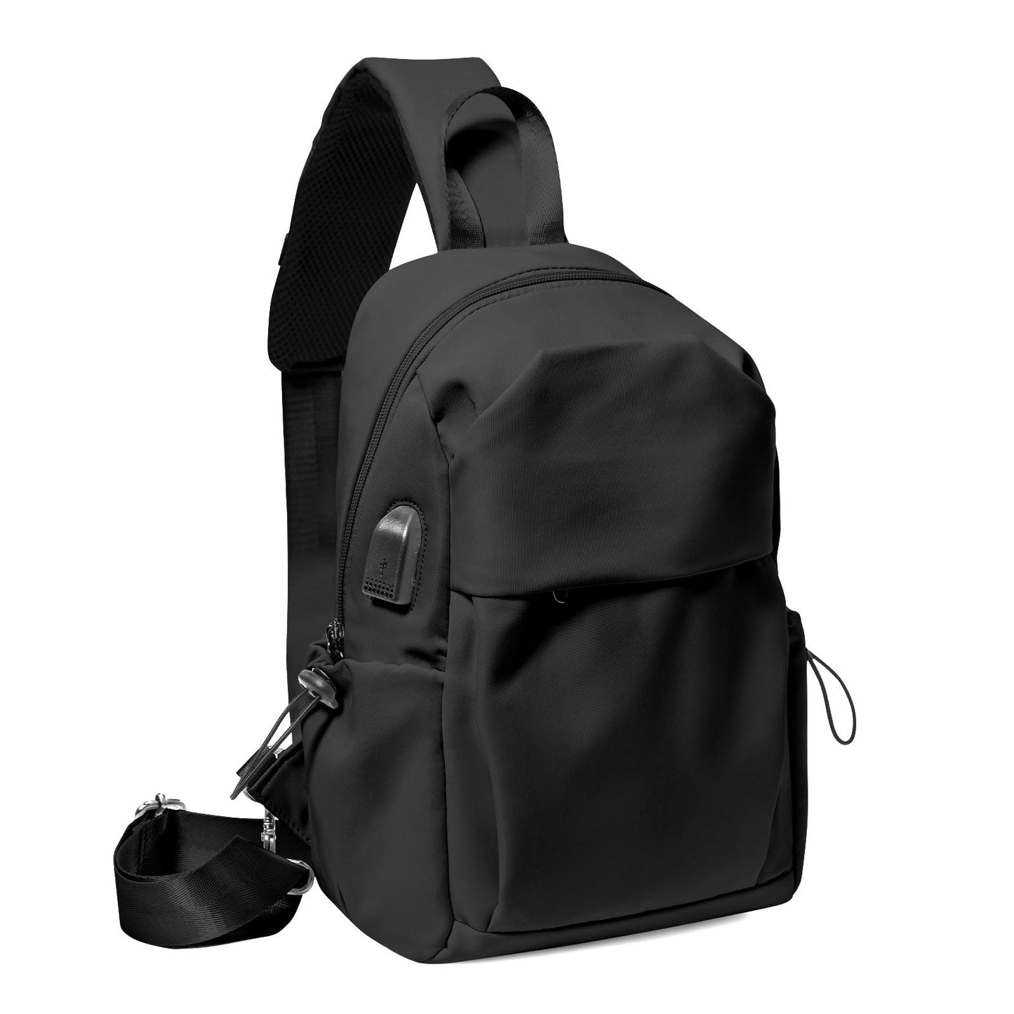 SEAFEW Small Black Sling Crossbody Backpack Shoulder Bag for Men Women, Lightweight One Strap Back Pack Sling Bag Backpack for Hiking Walking Biking Travel Cycling USB Charger Port-Nylon