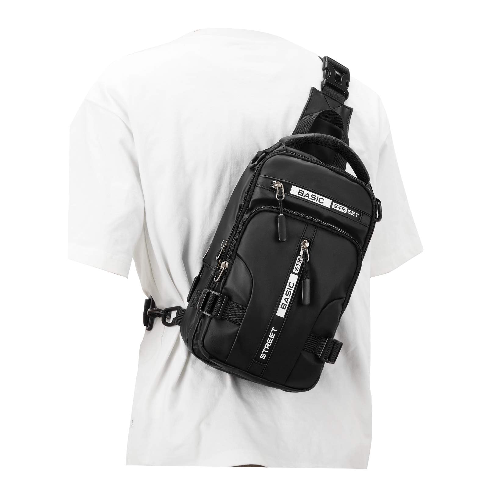 SEAFEW Small Black Sling Crossbody Backpack Shoulder Bag for Men Women, Lightweight One Strap Back Pack Sling Bag Backpack for Hiking Walking Biking Travel Cycling USB Charger Port-Nylon