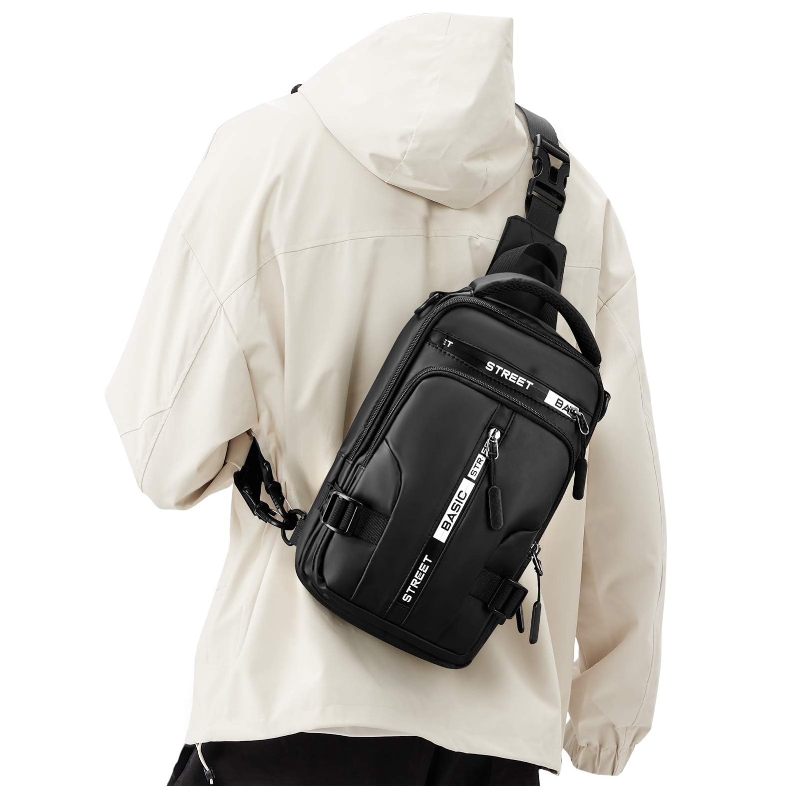 SEAFEW Small Black Sling Crossbody Backpack Shoulder Bag for Men Women, Lightweight One Strap Back Pack Sling Bag Backpack for Hiking Walking Biking Travel Cycling USB Charger Port-Nylon