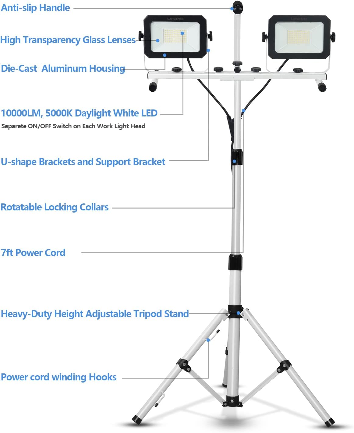 UFOND 10000 Lumen LED Work Light with Stand,Detachable Waterproof Dual Head Work Lights,Individual Switch Floodlight with TelescopingTripod,Work Lamp with Power Cord for Construction Site
