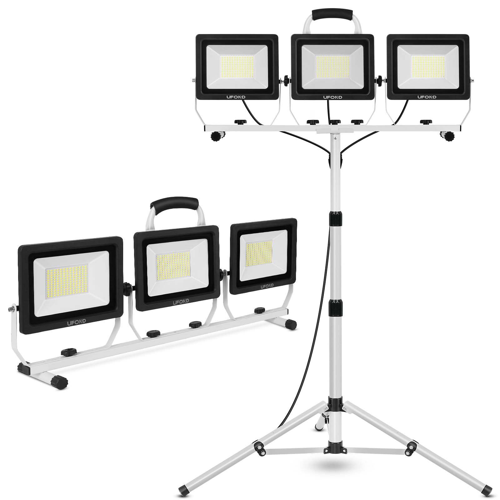 UFOND 10000 Lumen LED Work Light with Stand,Detachable Waterproof Dual Head Work Lights,Individual Switch Floodlight with TelescopingTripod,Work Lamp with Power Cord for Construction Site