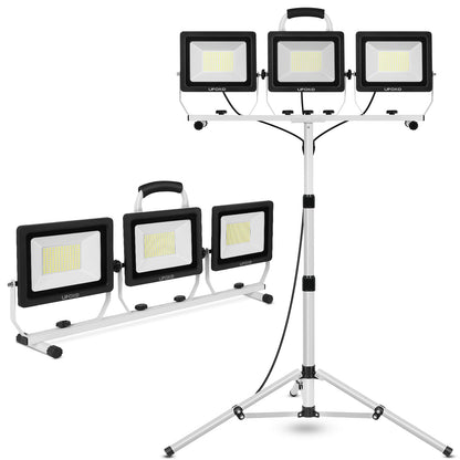 UFOND 10000 Lumen LED Work Light with Stand,Detachable Waterproof Dual Head Work Lights,Individual Switch Floodlight with TelescopingTripod,Work Lamp with Power Cord for Construction Site