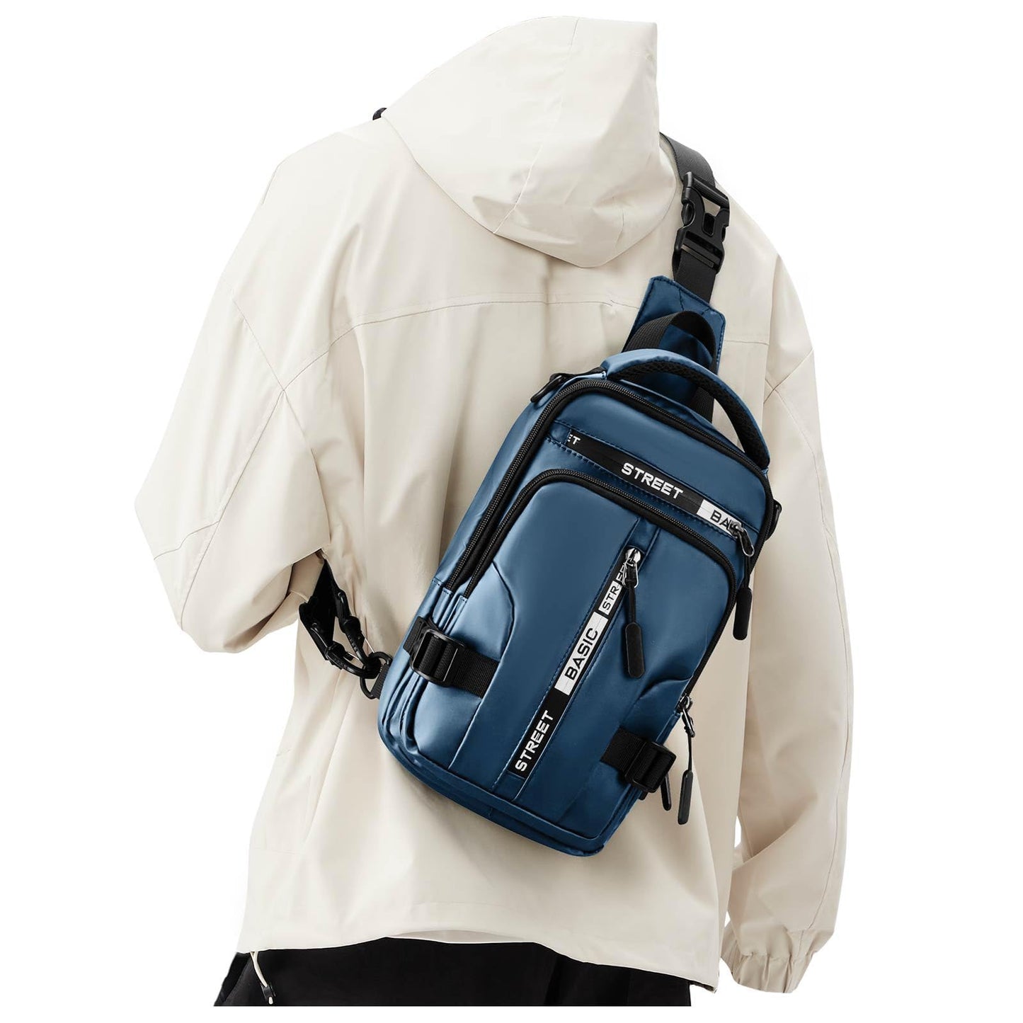 SEAFEW Small Black Sling Crossbody Backpack Shoulder Bag for Men Women, Lightweight One Strap Back Pack Sling Bag Backpack for Hiking Walking Biking Travel Cycling USB Charger Port-Nylon