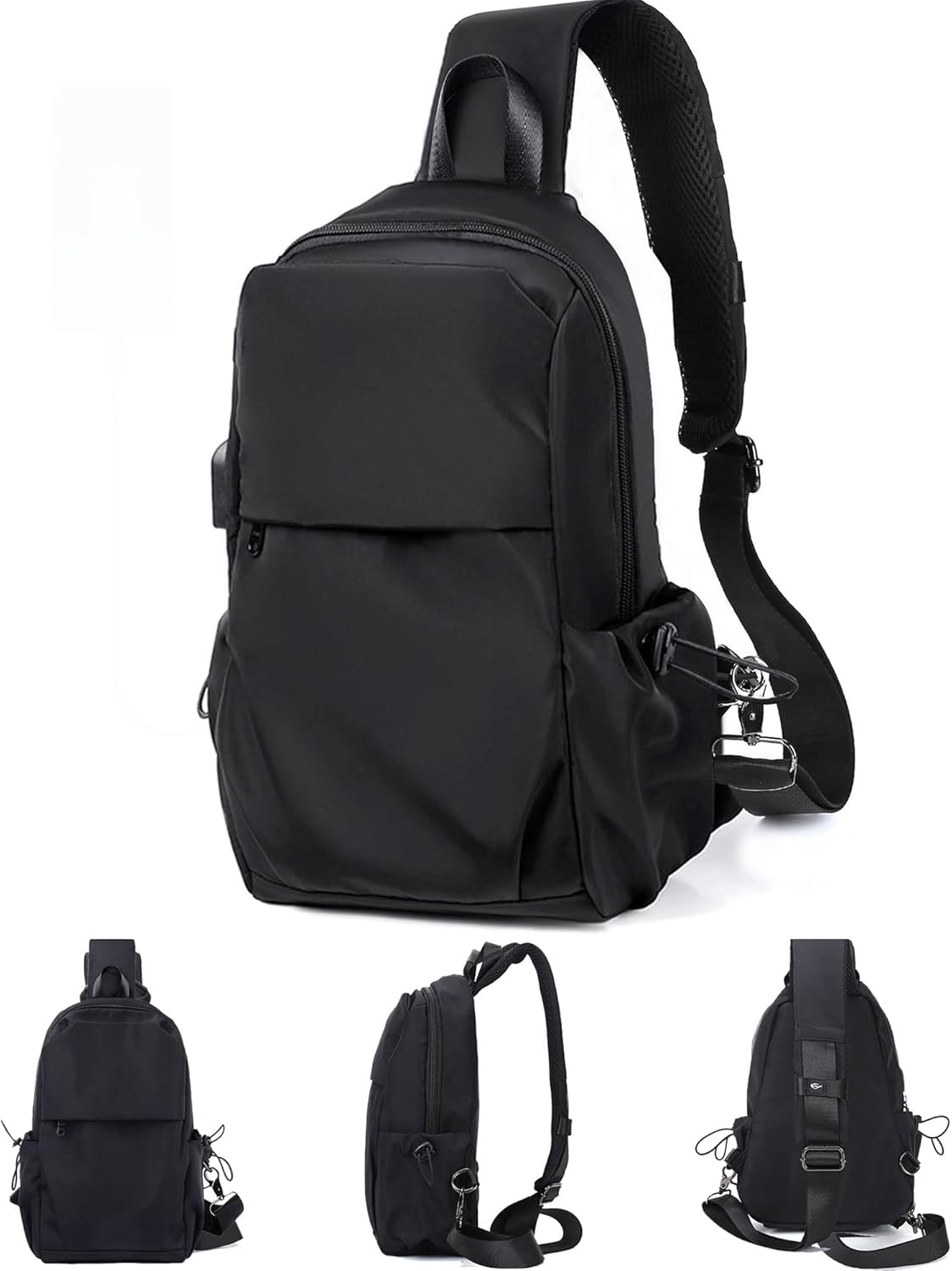SEAFEW Small Black Sling Crossbody Backpack Shoulder Bag for Men Women, Lightweight One Strap Back Pack Sling Bag Backpack for Hiking Walking Biking Travel Cycling USB Charger Port-Nylon