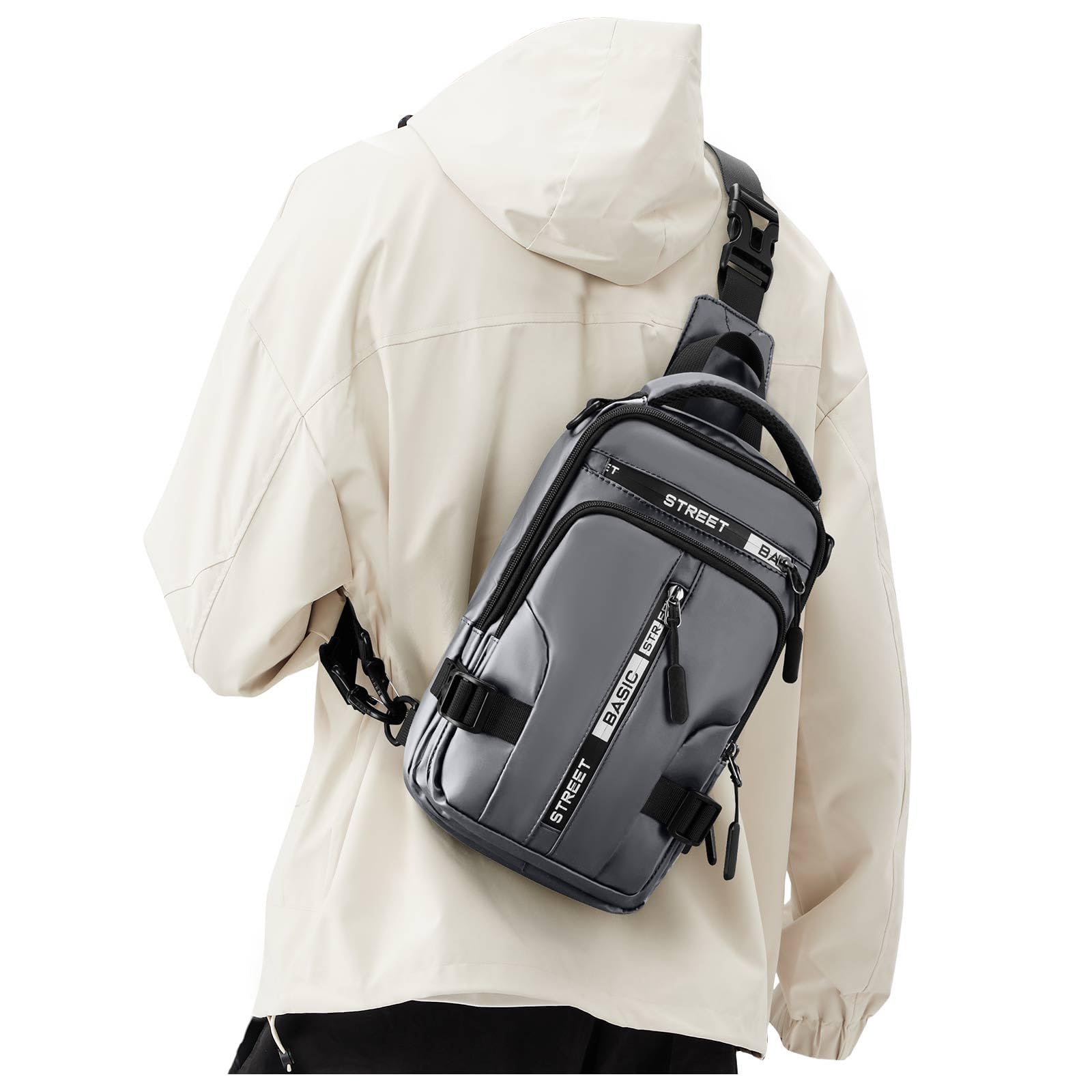 SEAFEW Small Black Sling Crossbody Backpack Shoulder Bag for Men Women, Lightweight One Strap Back Pack Sling Bag Backpack for Hiking Walking Biking Travel Cycling USB Charger Port-Nylon