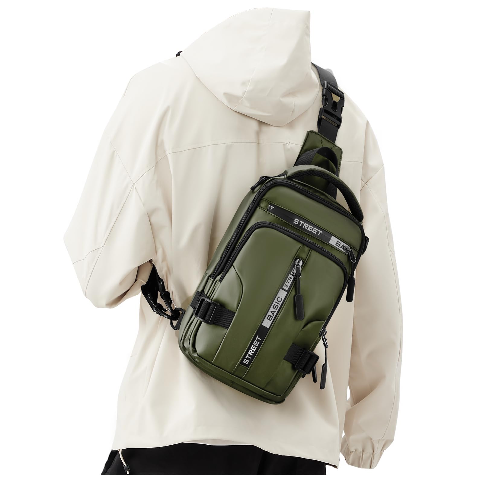 SEAFEW Small Black Sling Crossbody Backpack Shoulder Bag for Men Women, Lightweight One Strap Back Pack Sling Bag Backpack for Hiking Walking Biking Travel Cycling USB Charger Port-Nylon