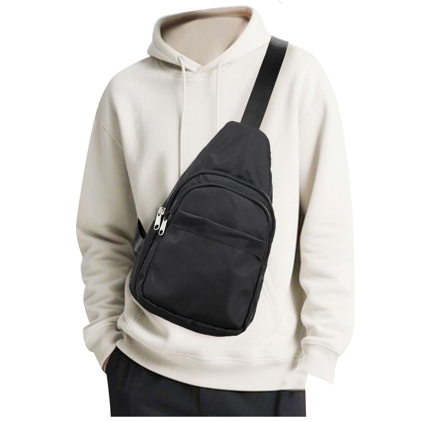 SEAFEW Small Black Sling Crossbody Backpack Shoulder Bag for Men Women, Lightweight One Strap Back Pack Sling Bag Backpack for Hiking Walking Biking Travel Cycling USB Charger Port-Nylon