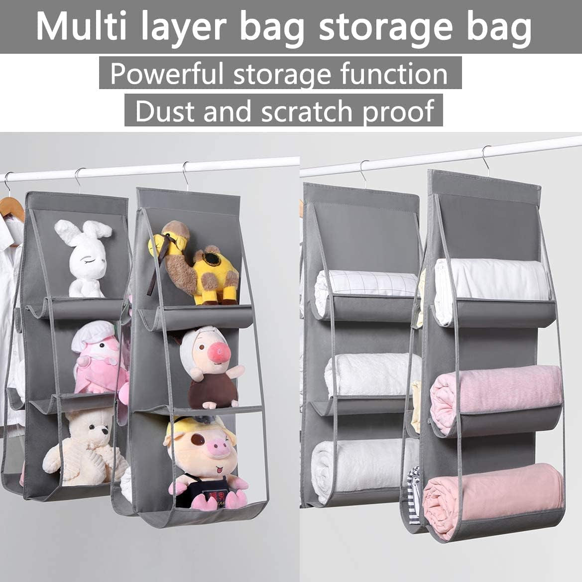 Hanging Purse Handbag Organizer, Clear Dust Cover Space Saver Storage Holder Bag, 6 Pockets Wardrobe Closet Handbags Storage(Gray)