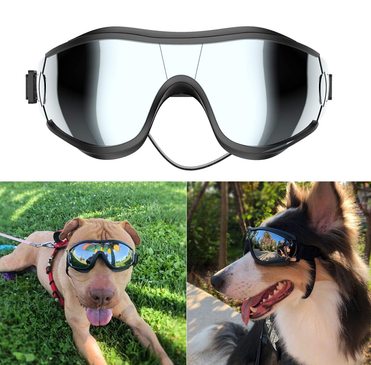 NVTED Dog Sunglasses Dog Goggles, UV Wind Dust Fog Protection Pet Glasses Eye Wear with Adjustable Strap for Medium or Large Size (Laser)