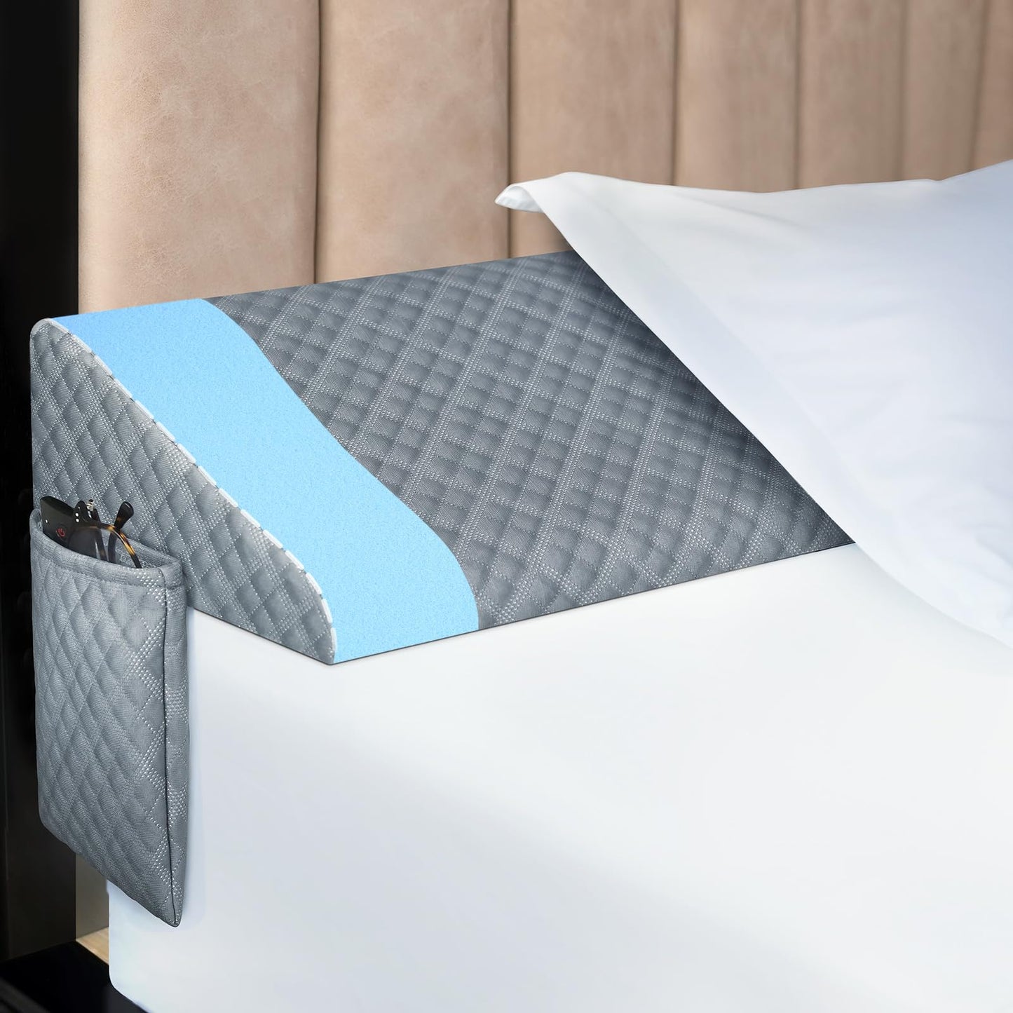 Kayfia Queen Size Pillow Wedge for Headboard Gap Bed Gap Filller (0-8") Mattress Space Filler Pillow Stopper with 2 Side Pocket Triangle Foam Pillow Wedge Between Headboard Mattress(Grey, 60"x10"x6")