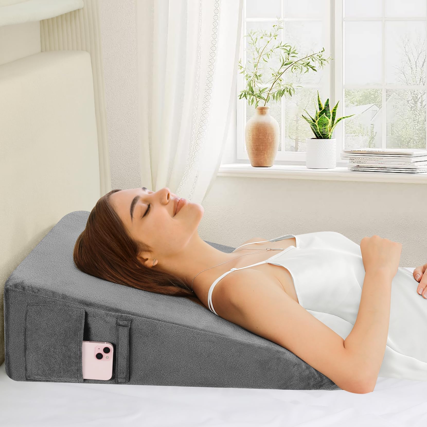 Wedge Pillow for Sleeping, 12" Bed Wedge Pillow for After Surgery, Triangle Pillow Wedge for Heartburn, Acid Reflux, GERD, Back Pain Relief, Neck Pain, Soft & Cooling Memory Foam Top
