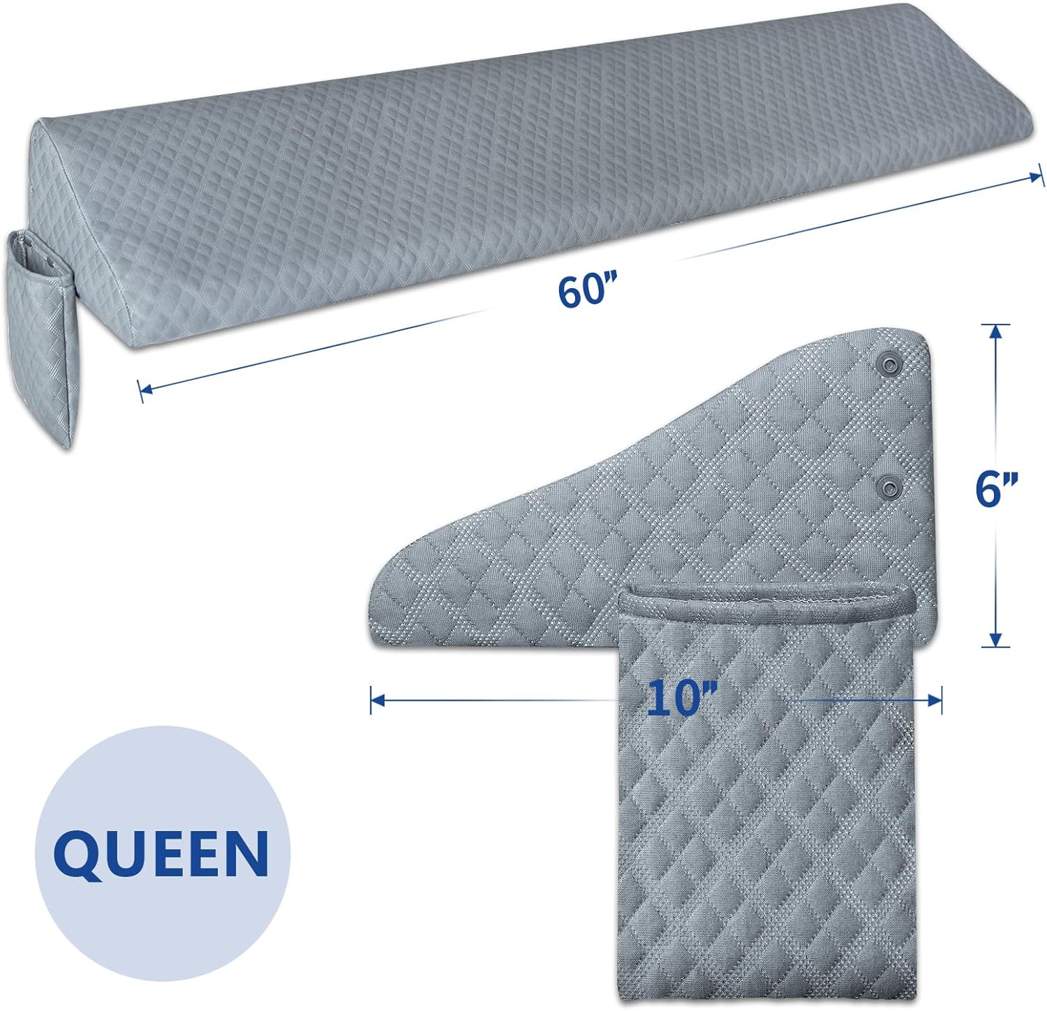 Kayfia Queen Size Pillow Wedge for Headboard Gap Bed Gap Filller (0-8") Mattress Space Filler Pillow Stopper with 2 Side Pocket Triangle Foam Pillow Wedge Between Headboard Mattress(Grey, 60"x10"x6")