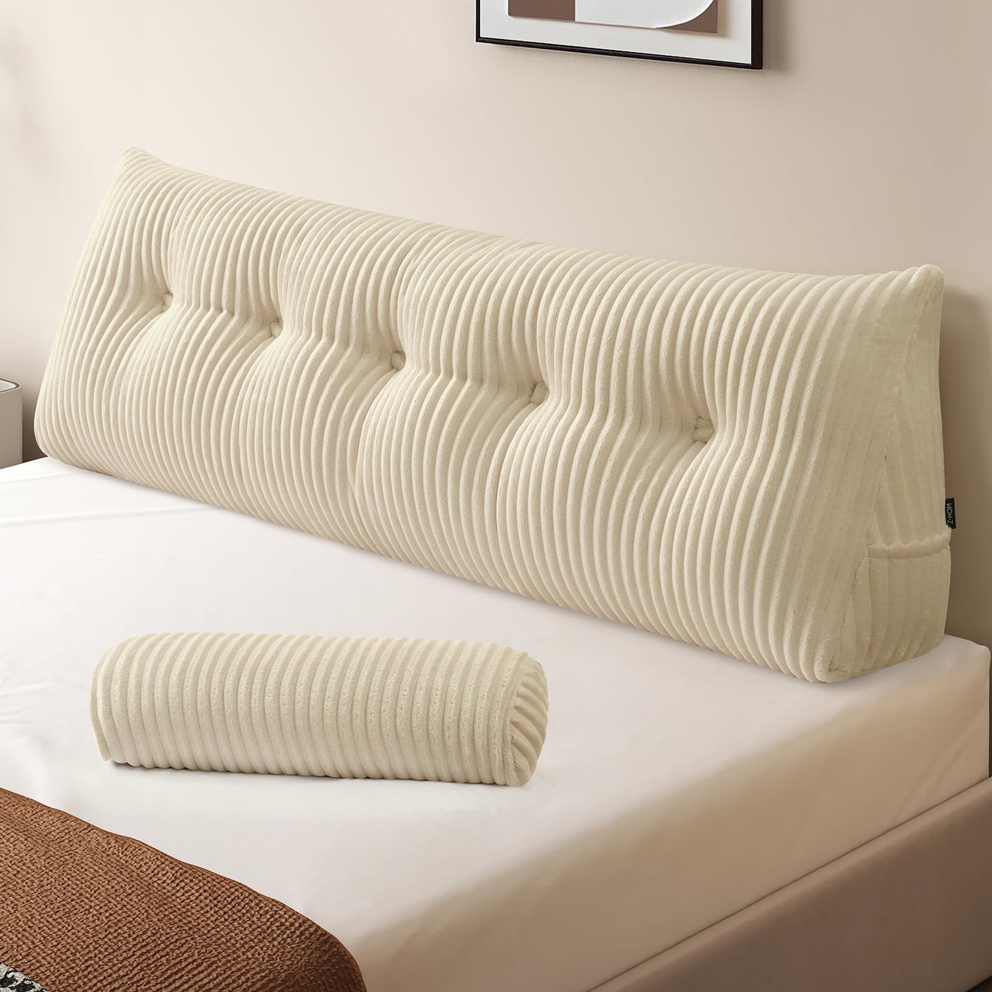 Z-hom Large Wedge Pillow Headboard, King Triangular Headboard Pillow, Reading Pillow Bed with a Roll Pillow for Bed Sitting Up Sleeping, Backrest Cushion Headboard Gap Pillow for Back,Beige