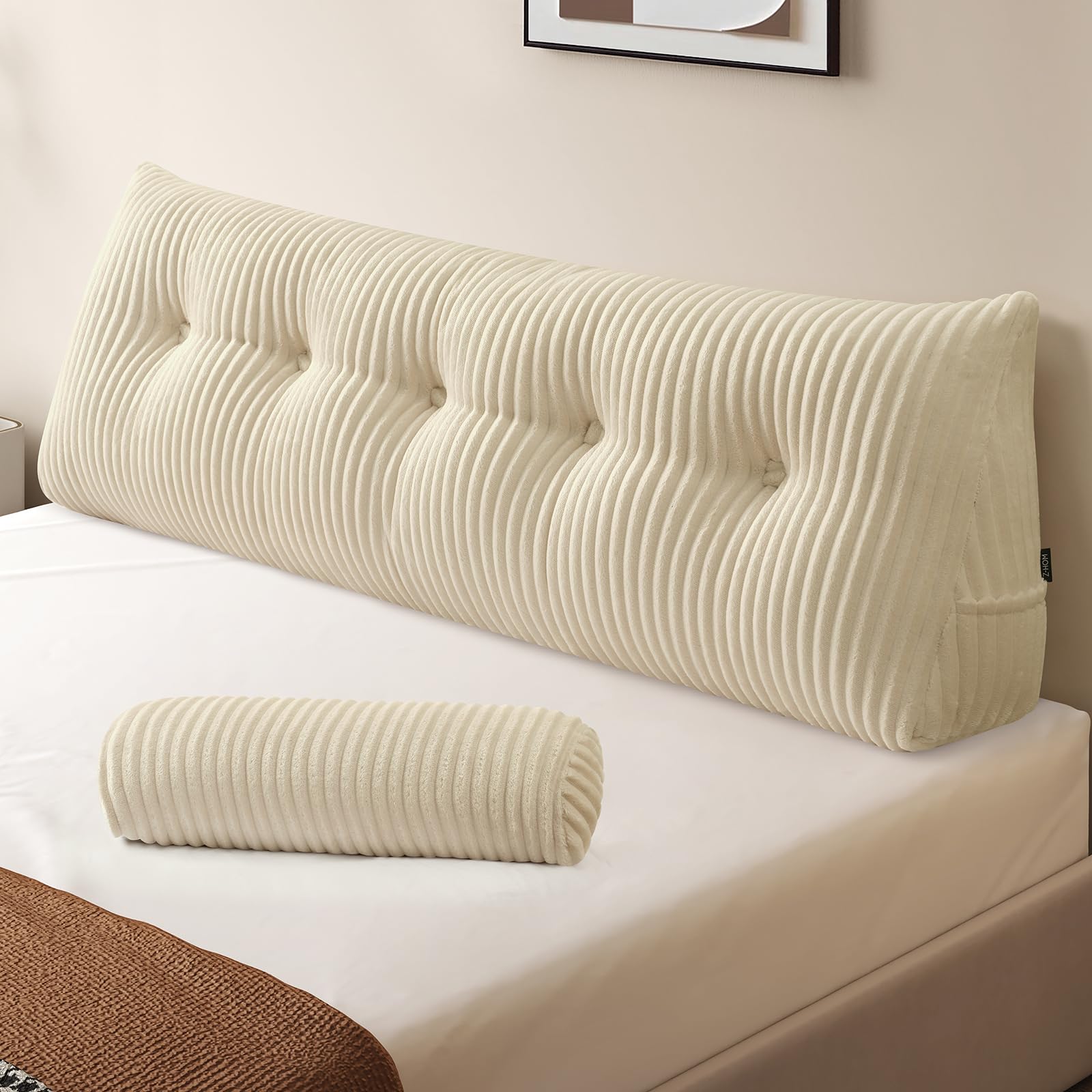 Z-hom Large Wedge Pillow Headboard, King Triangular Headboard Pillow, Reading Pillow Bed with a Roll Pillow for Bed Sitting Up Sleeping, Backrest Cushion Headboard Gap Pillow for Back,Beige