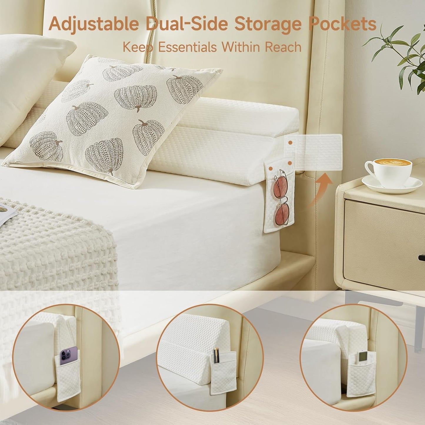 Full Size Bed Wedge Pillow for Headboard – Foldable Mattress Gap Filler (0–8"), Converts to Backrest, Prevents Pillow Slipping, Reversible Dual-Side Pockets, Washable Cover, White (54"x10"x6")