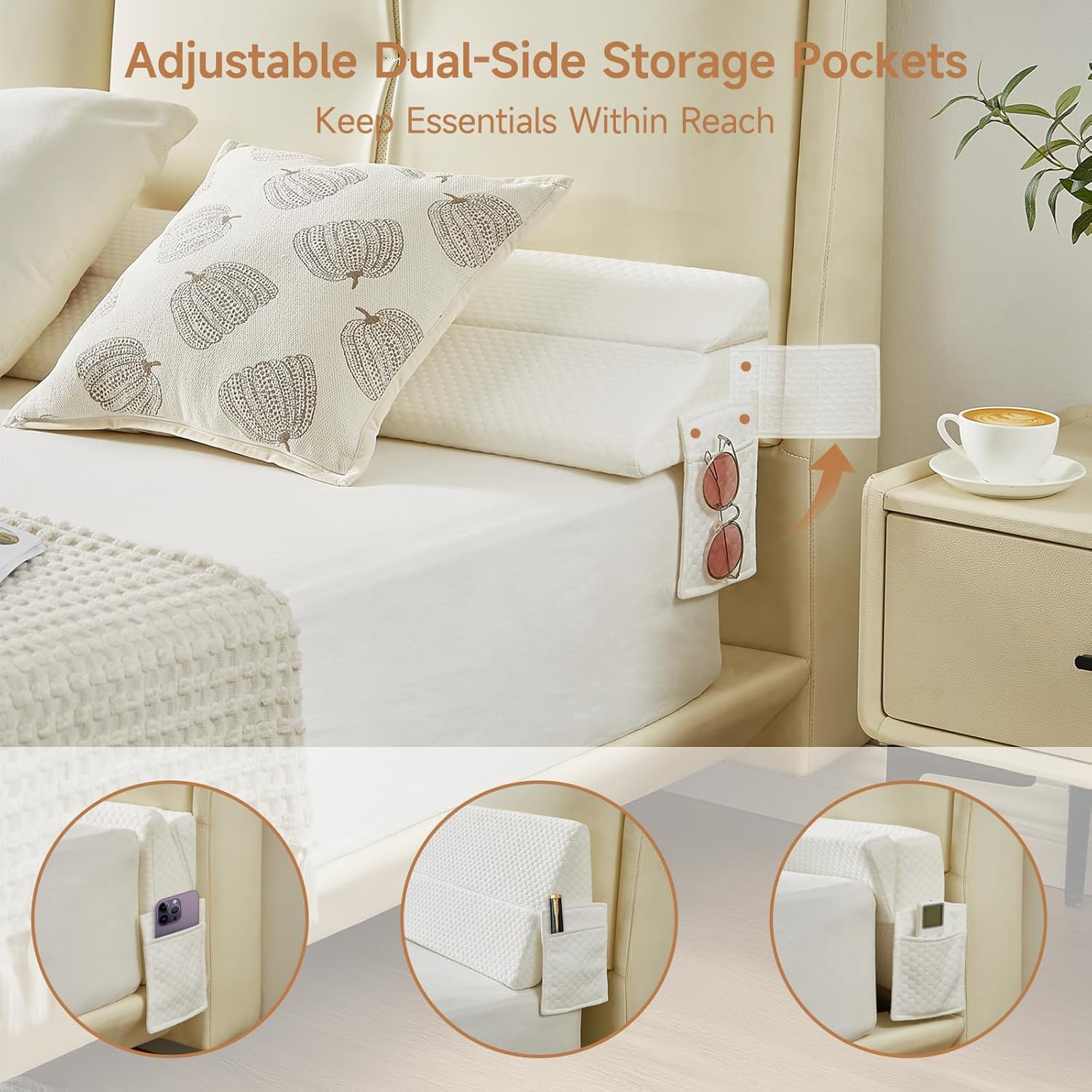 Full Size Bed Wedge Pillow for Headboard – Foldable Mattress Gap Filler (0–8"), Converts to Backrest, Prevents Pillow Slipping, Reversible Dual-Side Pockets, Washable Cover, White (54"x10"x6")