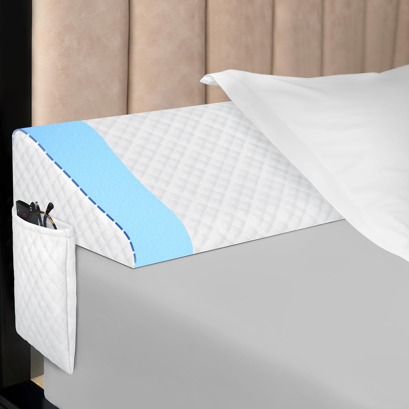 Kayfia Queen Size Pillow Wedge for Headboard Gap Bed Gap Filller (0-8") Mattress Space Filler Pillow Stopper with 2 Side Pocket Triangle Foam Pillow Wedge Between Headboard Mattress(Grey, 60"x10"x6")