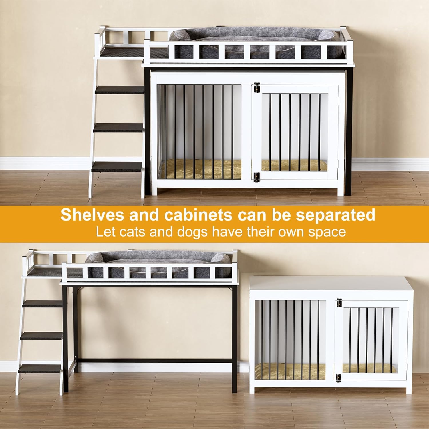 PAKASEPT Dog Crate Furniture, Pet Bunk Bed with Stairs and Storage, Dogs/Cats Window Perch, with Multi-Purpose Blanket and Fluffy Dog Bed for Small Medium Size (55.1L x 28.5" W x 37.4" H)