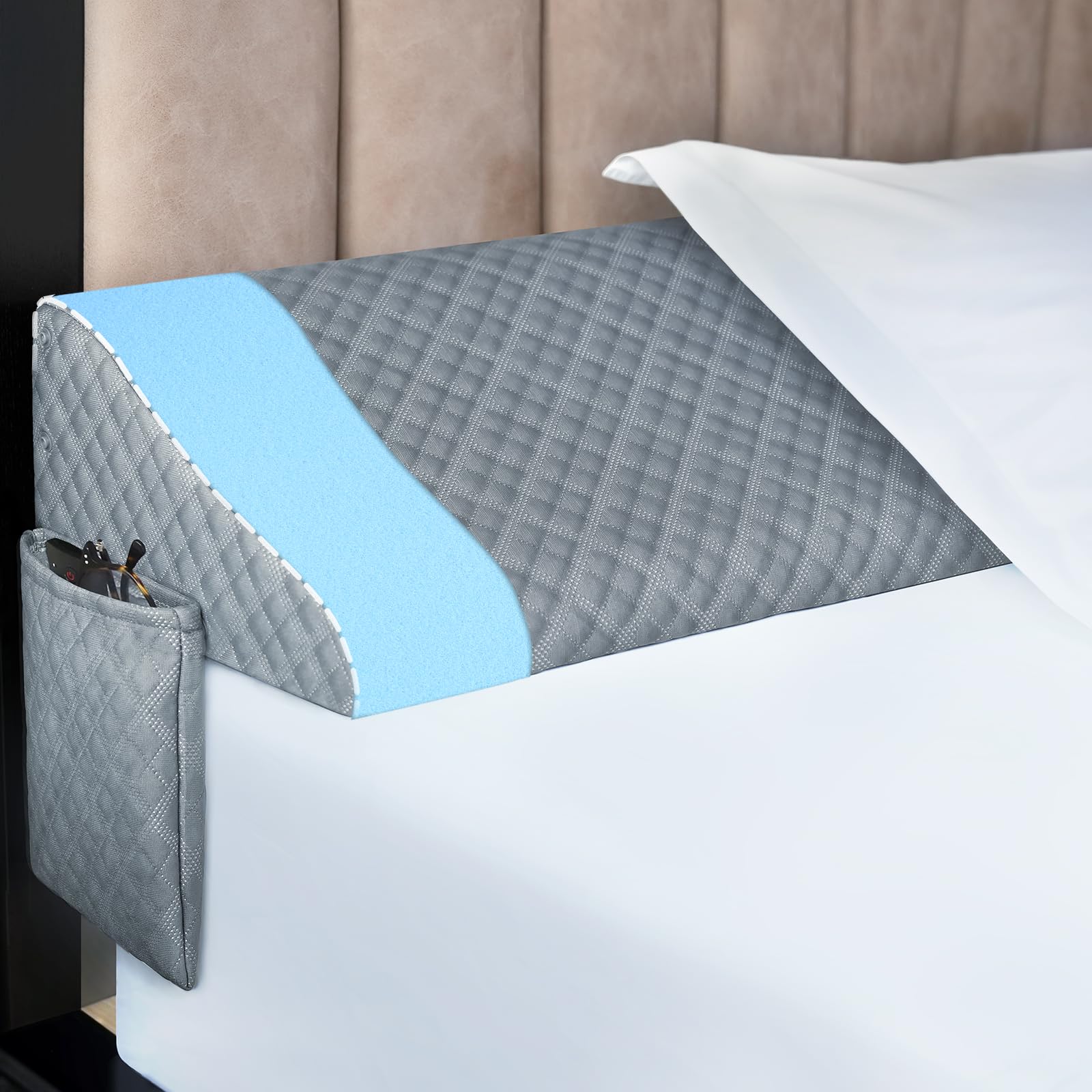Kayfia Queen Size Pillow Wedge for Headboard Gap Bed Gap Filller (0-8") Mattress Space Filler Pillow Stopper with 2 Side Pocket Triangle Foam Pillow Wedge Between Headboard Mattress(Grey, 60"x10"x6")