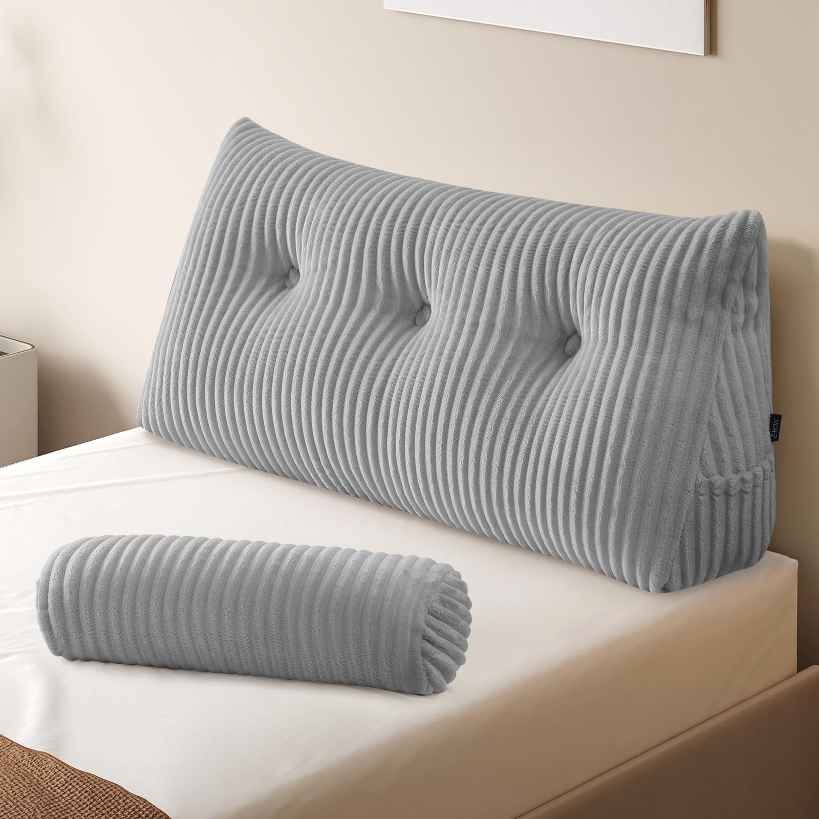 Z-hom Large Wedge Pillow Headboard, King Triangular Headboard Pillow, Reading Pillow Bed with a Roll Pillow for Bed Sitting Up Sleeping, Backrest Cushion Headboard Gap Pillow for Back,Beige