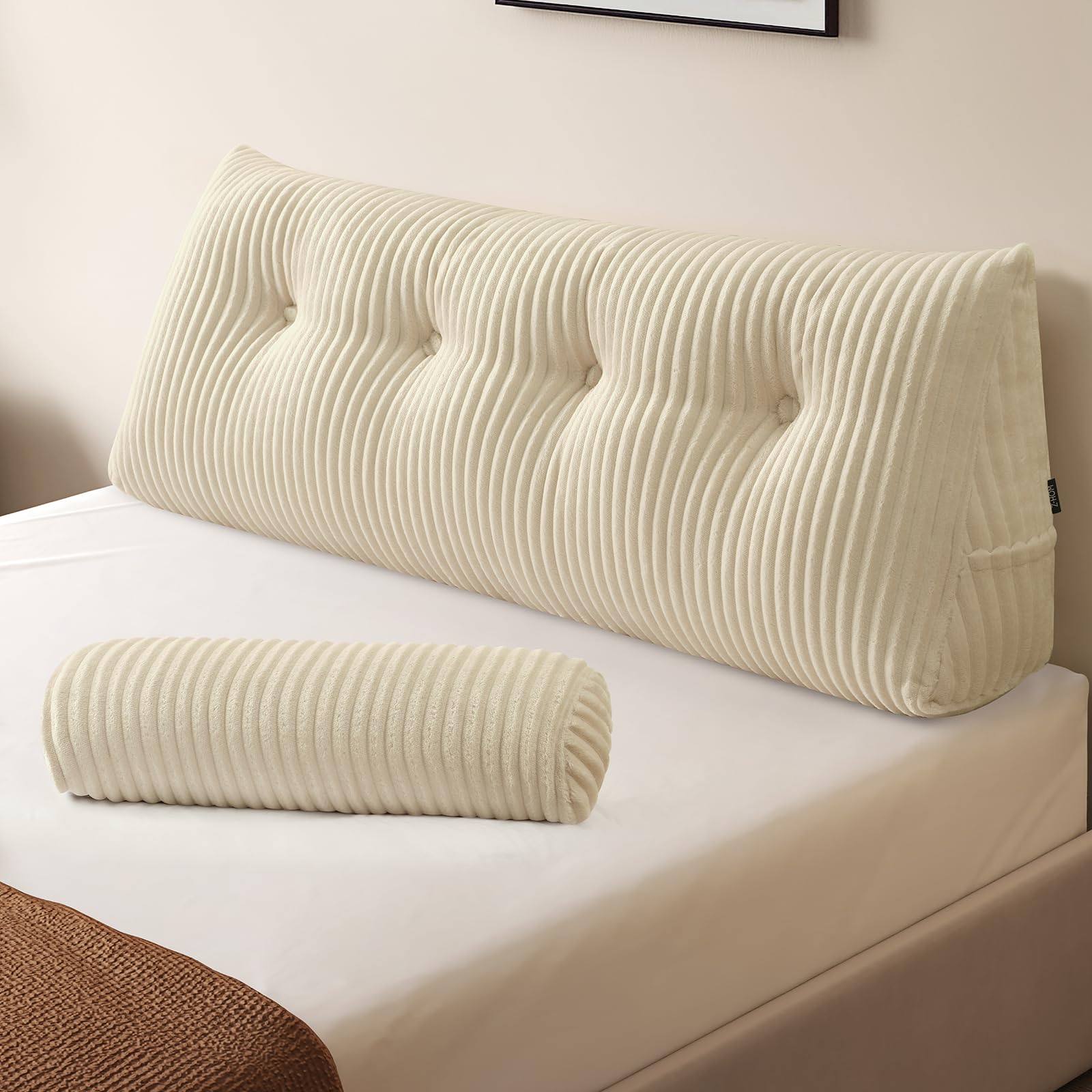 Z-hom Large Wedge Pillow Headboard, King Triangular Headboard Pillow, Reading Pillow Bed with a Roll Pillow for Bed Sitting Up Sleeping, Backrest Cushion Headboard Gap Pillow for Back,Beige