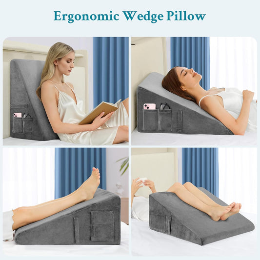 Wedge Pillow for Sleeping, 12" Bed Wedge Pillow for After Surgery, Triangle Pillow Wedge for Heartburn, Acid Reflux, GERD, Back Pain Relief, Neck Pain, Soft & Cooling Memory Foam Top