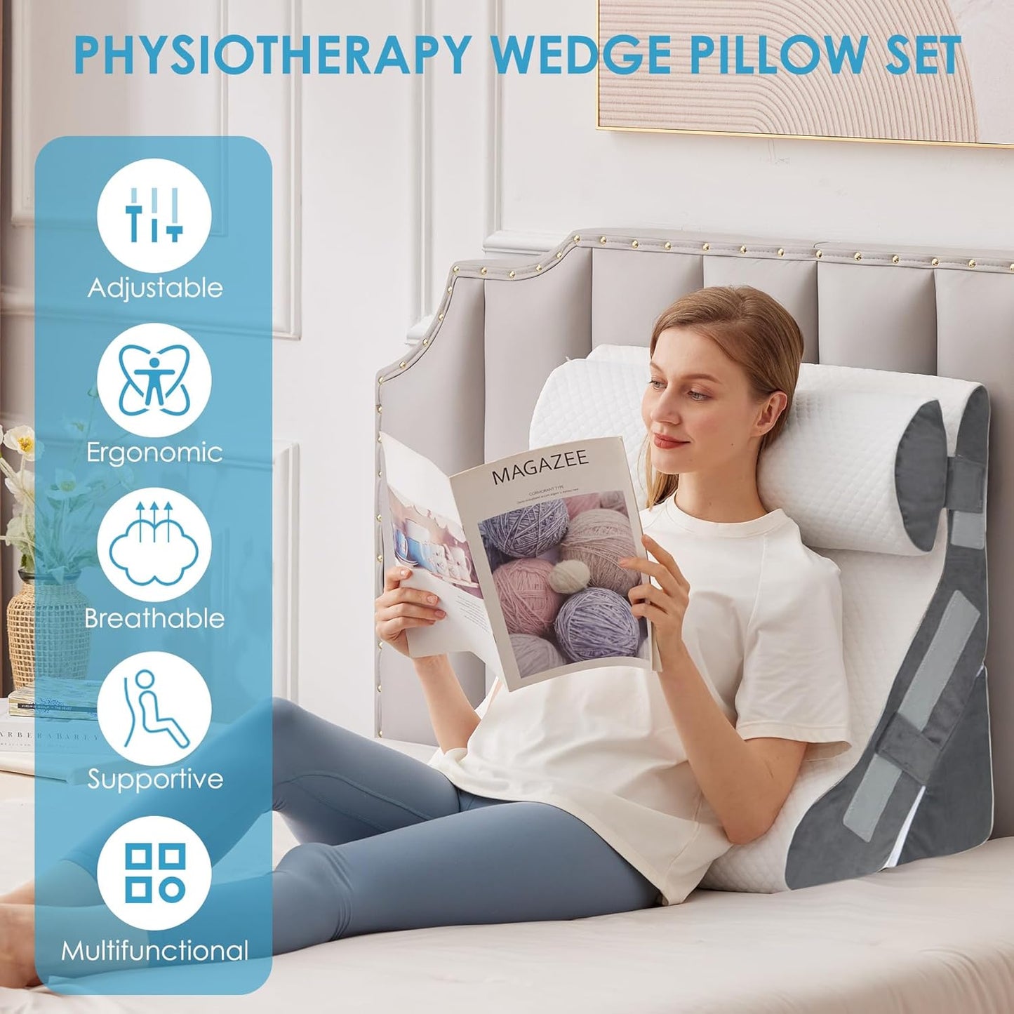 3PCS Bed Wedge Pillow for Headboard, Adjustable Wedge Pillow for Sleep Apnea, 23” Wide Triangle Pillow Wedge Set for After Surgery, Acid Reflux Relief, Snoring, Neck&Back Support, White/Grey